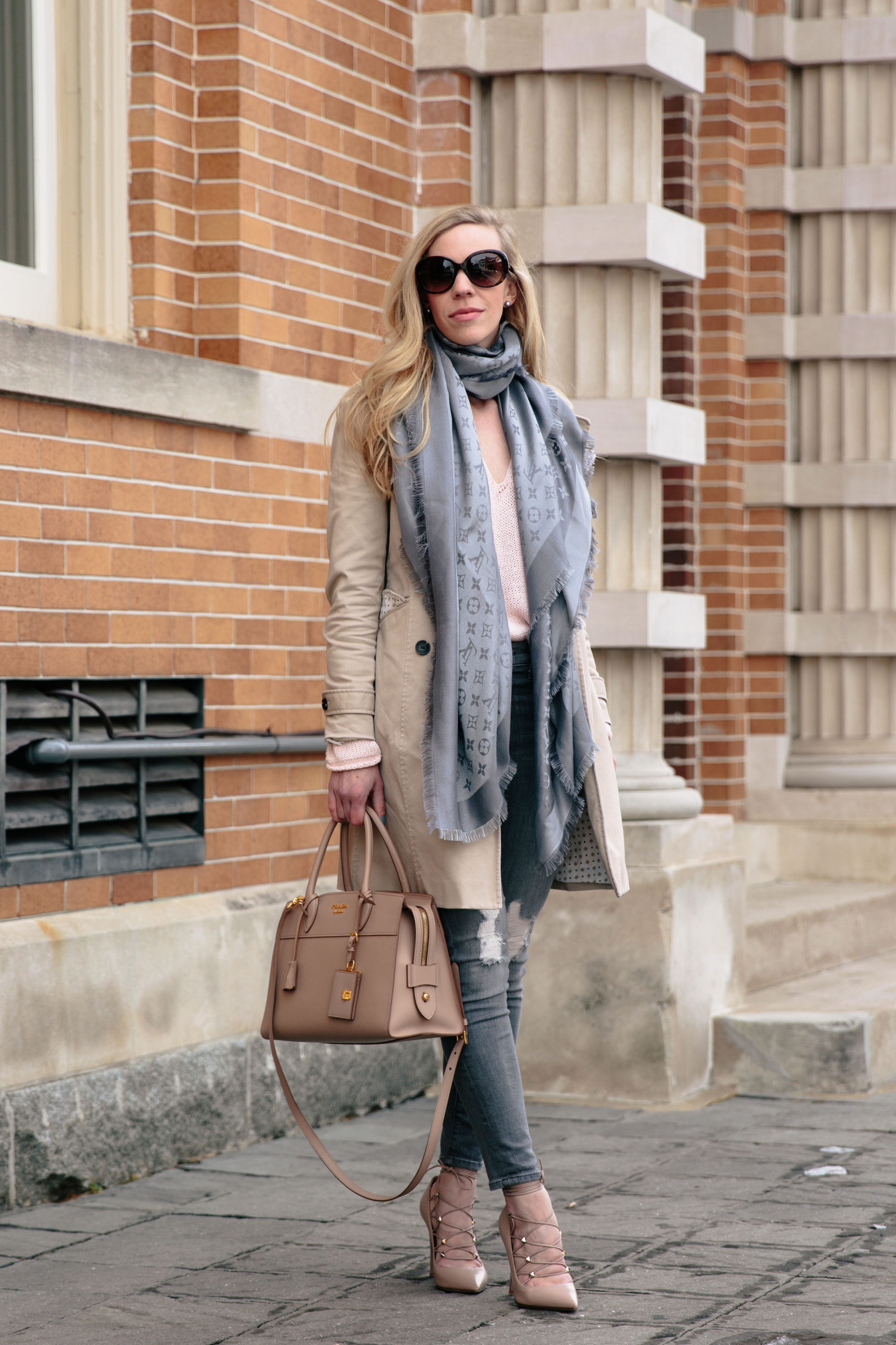 Louis Vuitton charcoal gray monogram shine shawl scarf with black drapey  trench coat outfit - Meagan's Moda