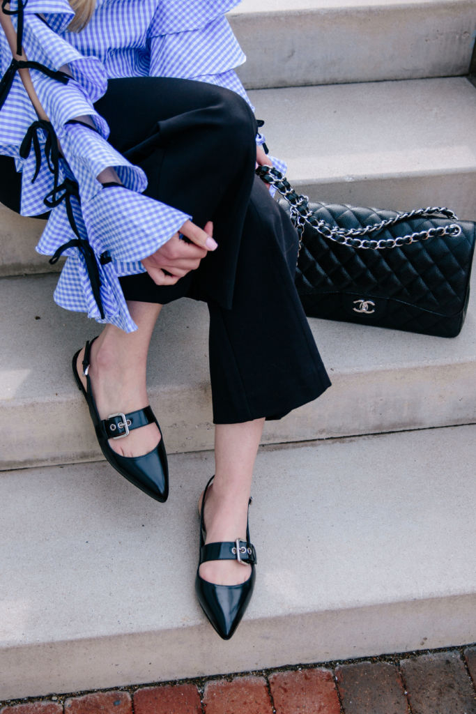 SheIn gingham top with bow tie open sleeves, Prada black leather pointy toe  buckle flats, Chanel Jumbo classic flap bag black caviar with silver  hardware - Meagan's Moda