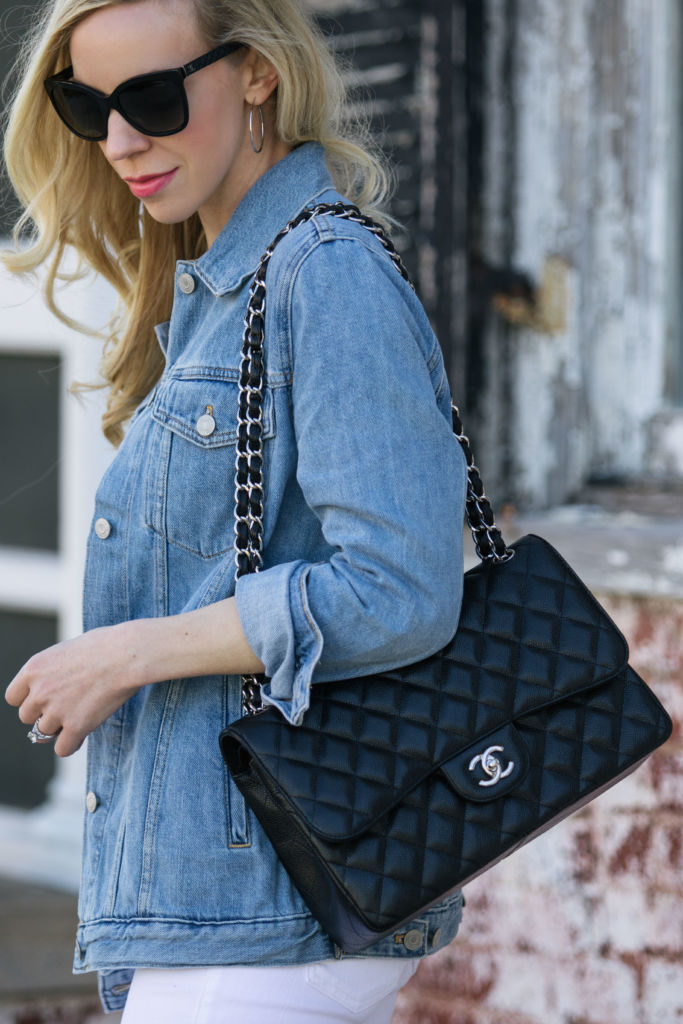 Utility jacket outfit for spring with denim skirt and Chanel Jumbo classic  flap bag black caviar silver hardware - Meagan's Moda