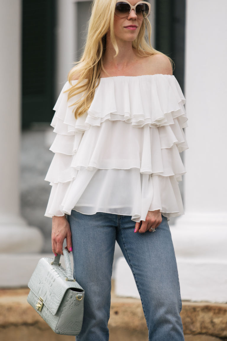 Ruffled Off The Shoulder Top Straight Leg Jeans And Block Heel Sandals