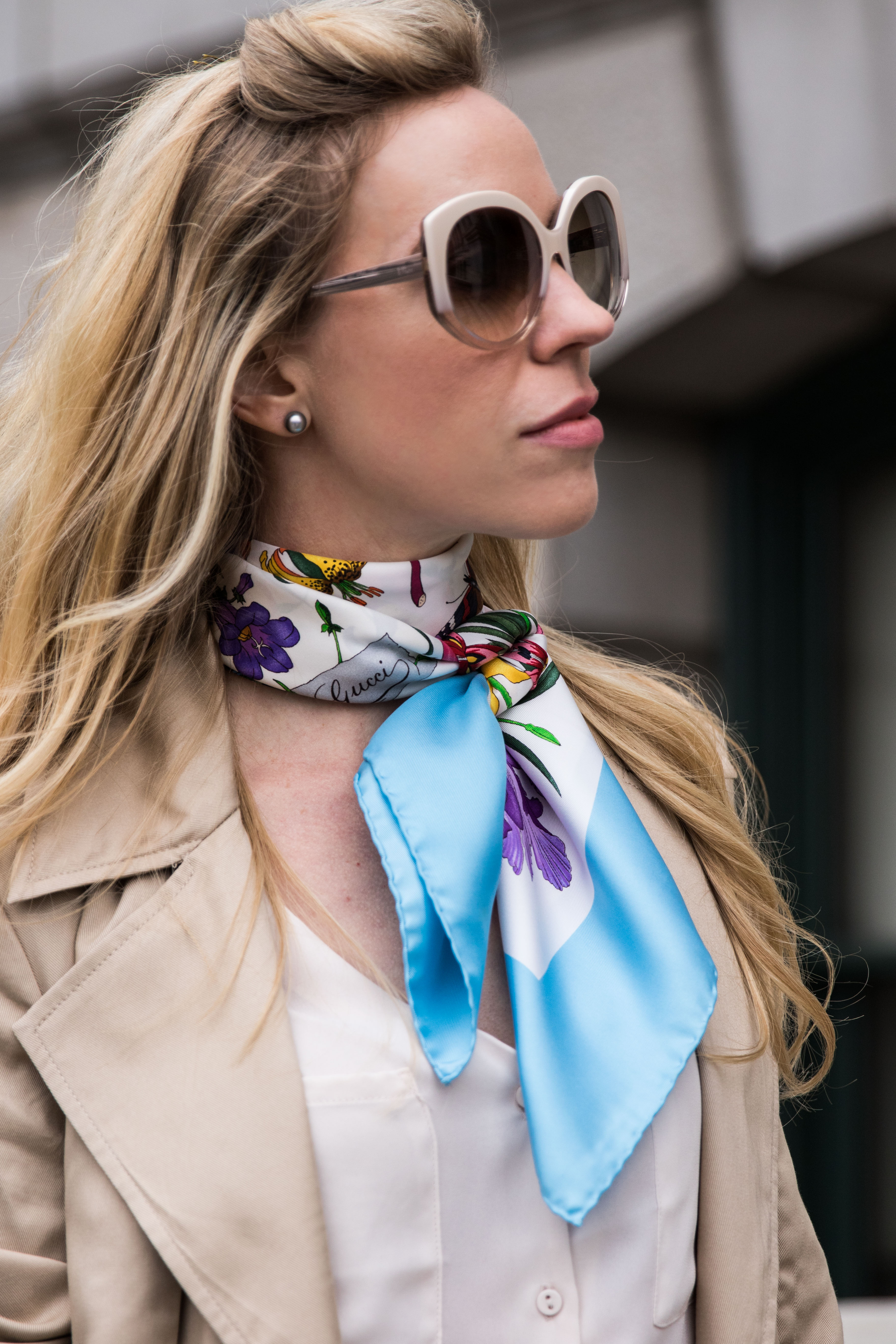 Gucci floral print silk scarf, how to tie silk scarf, Chanel oversized  tortoiseshell sunglasses, Louis Vuitton st. germain shoulder bag dune  leather, Italian fashion blogger - Meagan's Moda