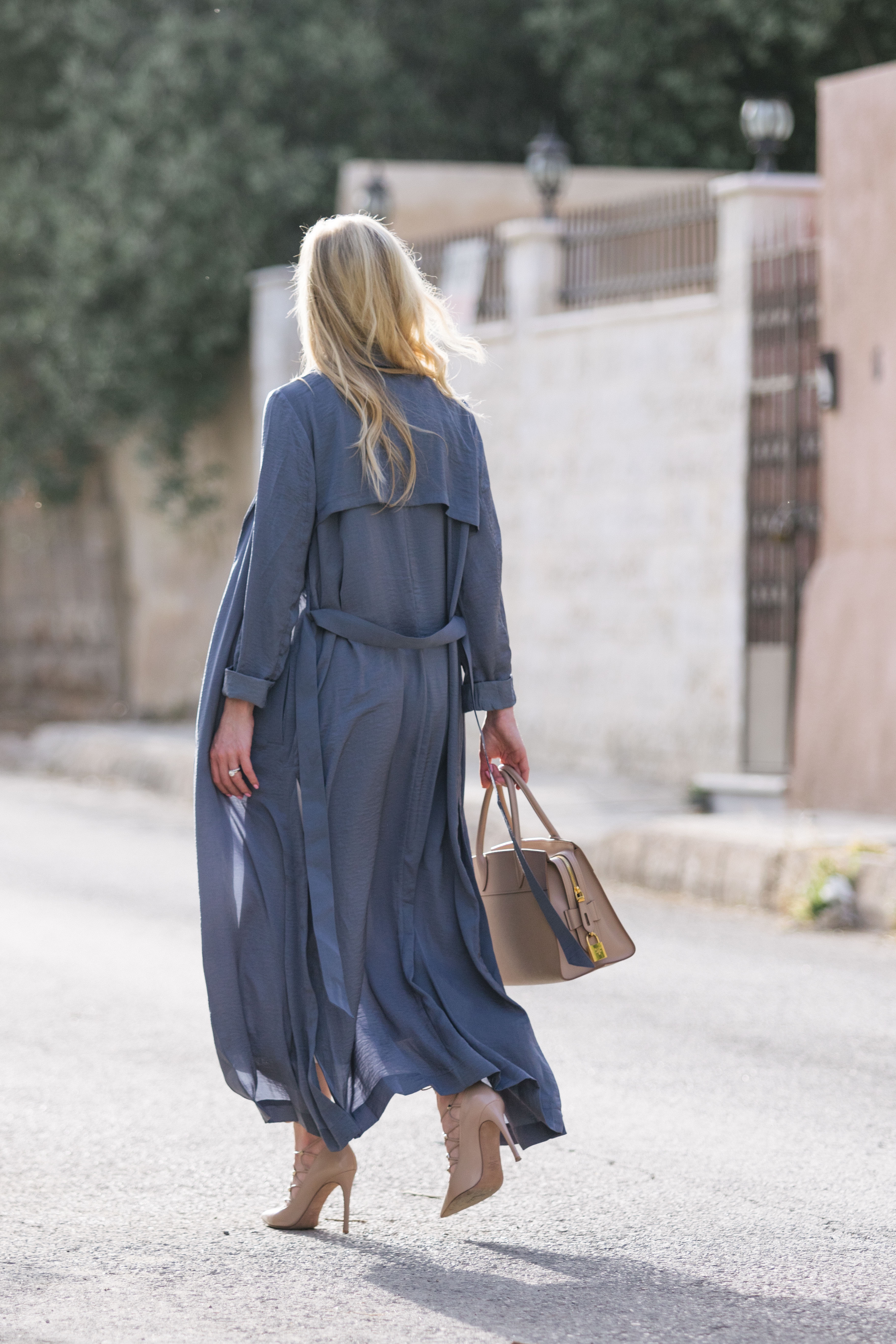 blue satin trench coat