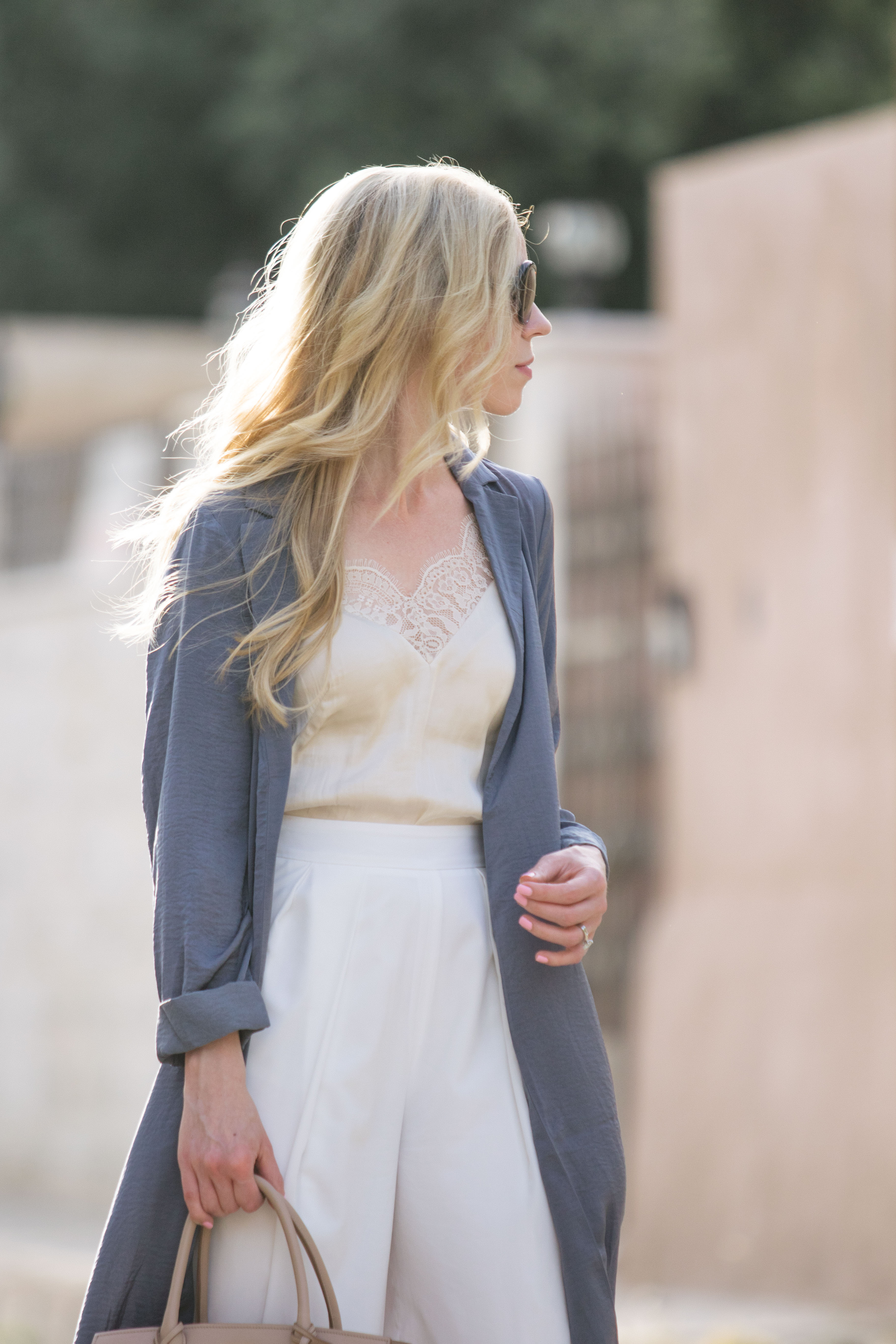 Casual outfit with trench and sky blue pants