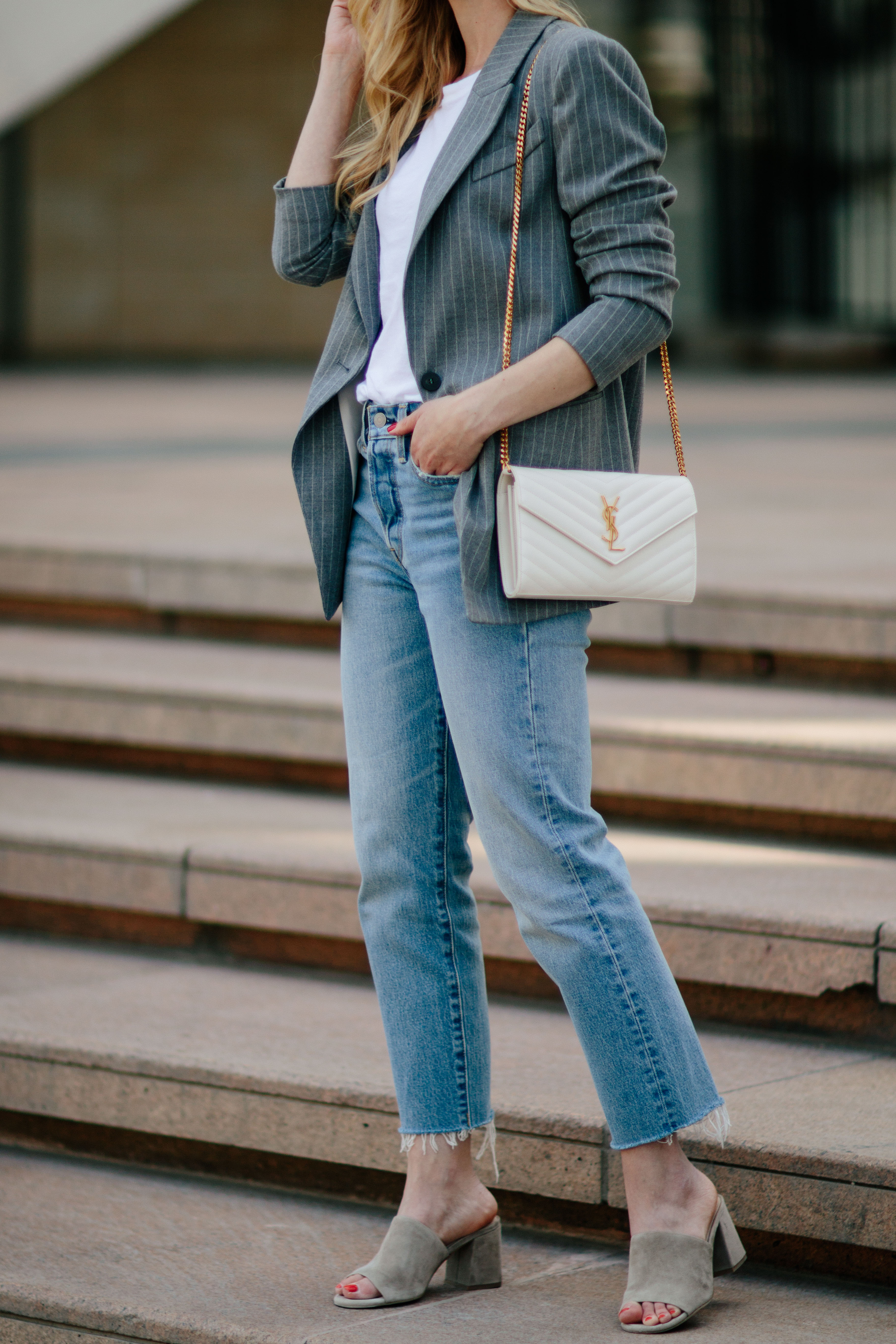 H&M gray pinstripe blazer with white Saint Laurent monogram chain wallet -  Meagan's Moda