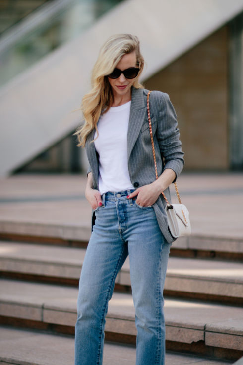 Pinstripe Blazer with White Tee & High Waist Jeans - Meagan's Moda