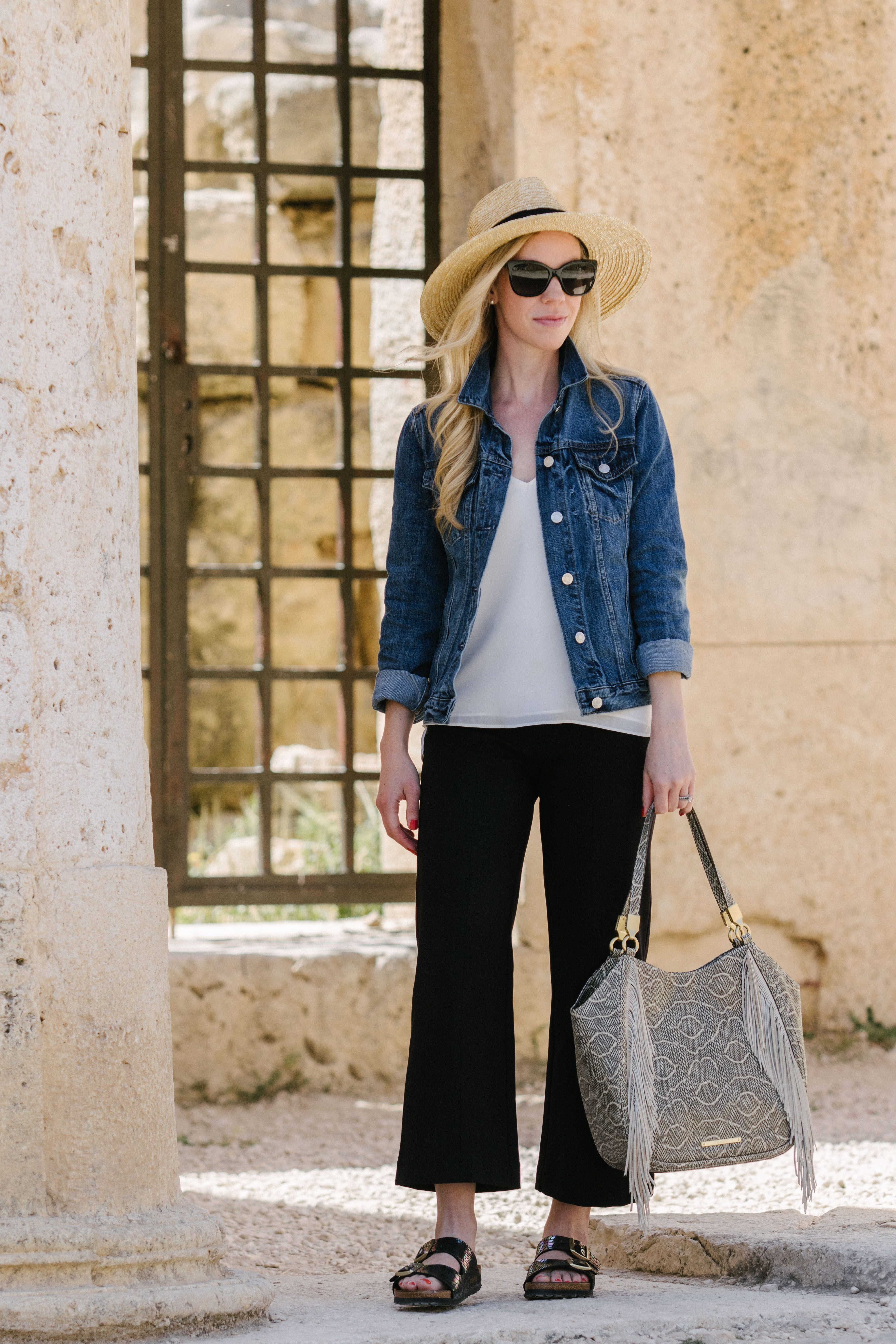 denim vest with cropped pants and sneakers, black bandana with denim  jacket, how to wear wide leg culottes with sneakers - Meagan's Moda