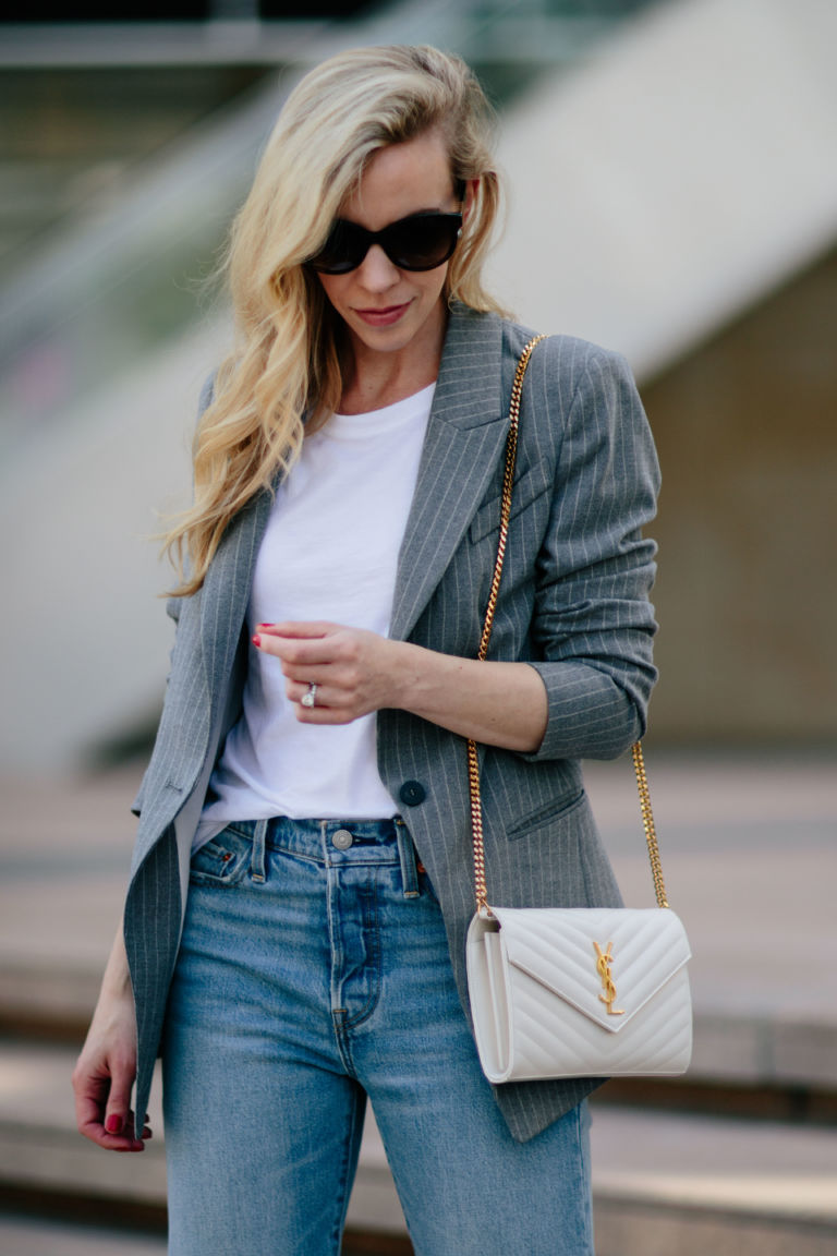 Pinstripe Blazer with White Tee & High Waist Jeans - Meagan's Moda