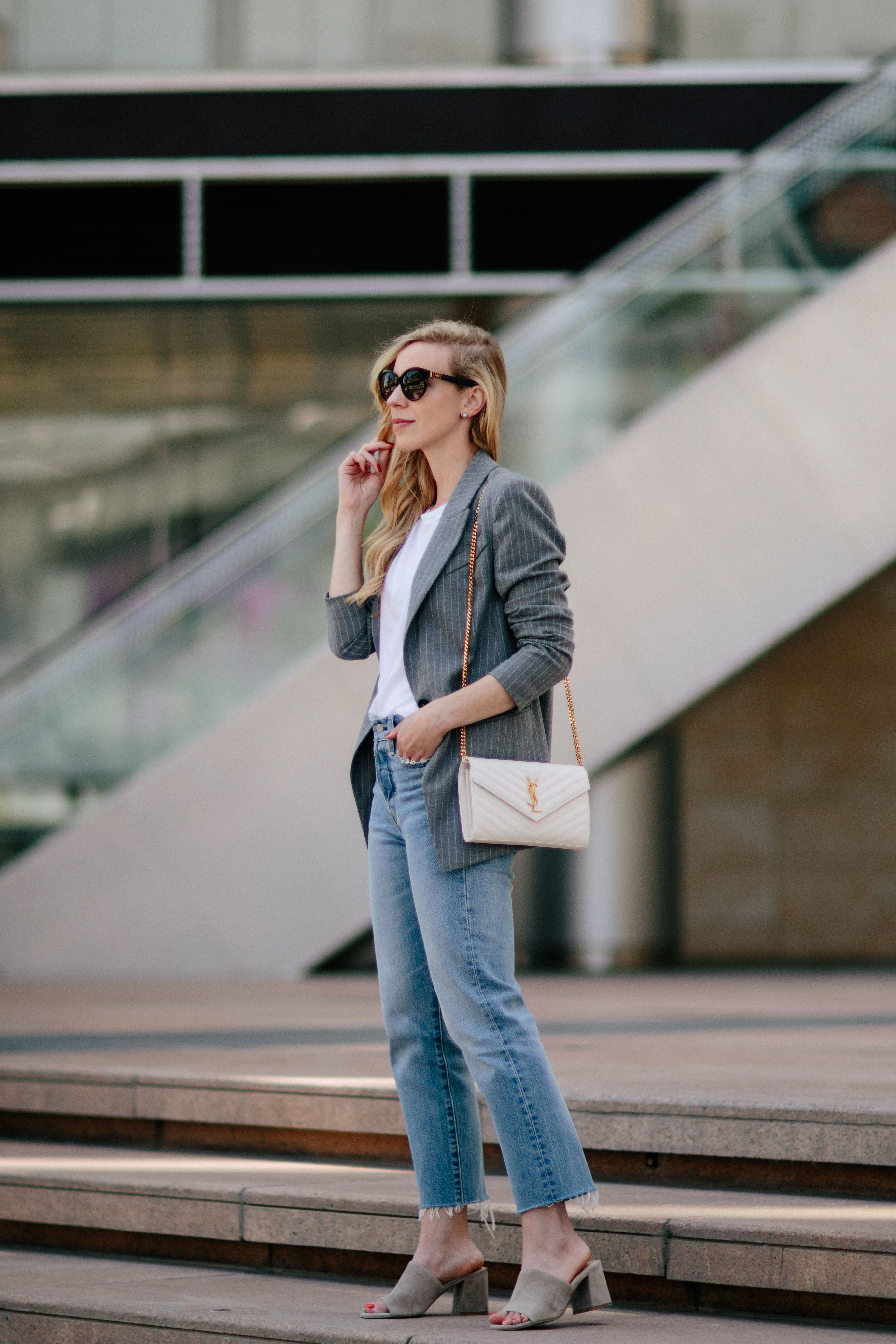 Pinstripe Blazer with White Tee & High Waist Jeans - Meagan's Moda