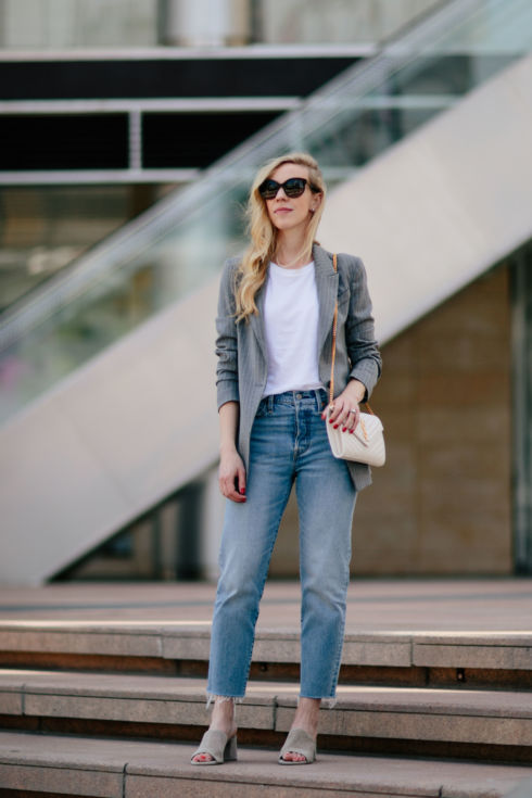 Pinstripe Blazer with White Tee & High Waist Jeans - Meagan's Moda