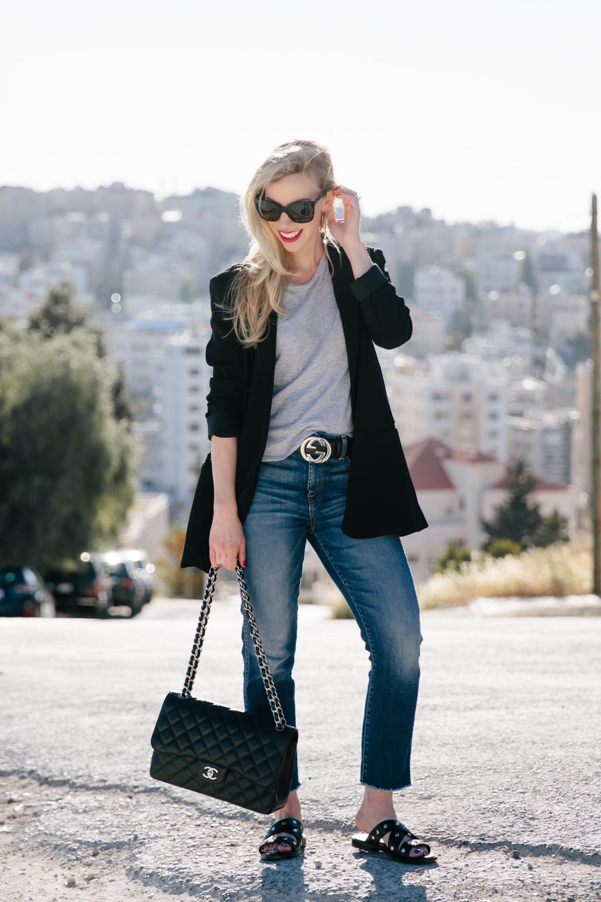 Chambray Suit: Denim blazer and shorts, Striped tank & Adidas