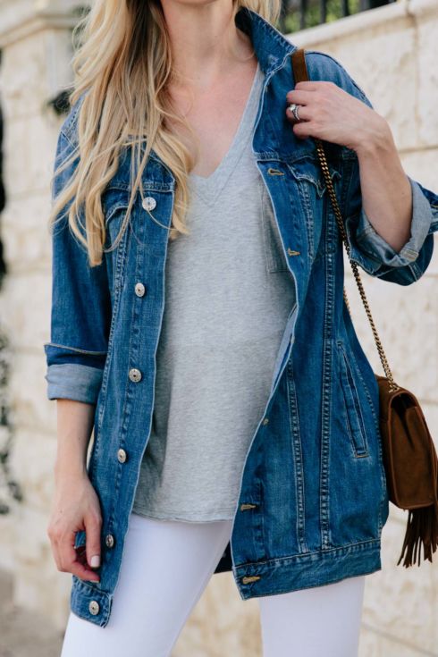 Western Flair: Oversized Denim Jacket with White Jeans & Suede Details ...