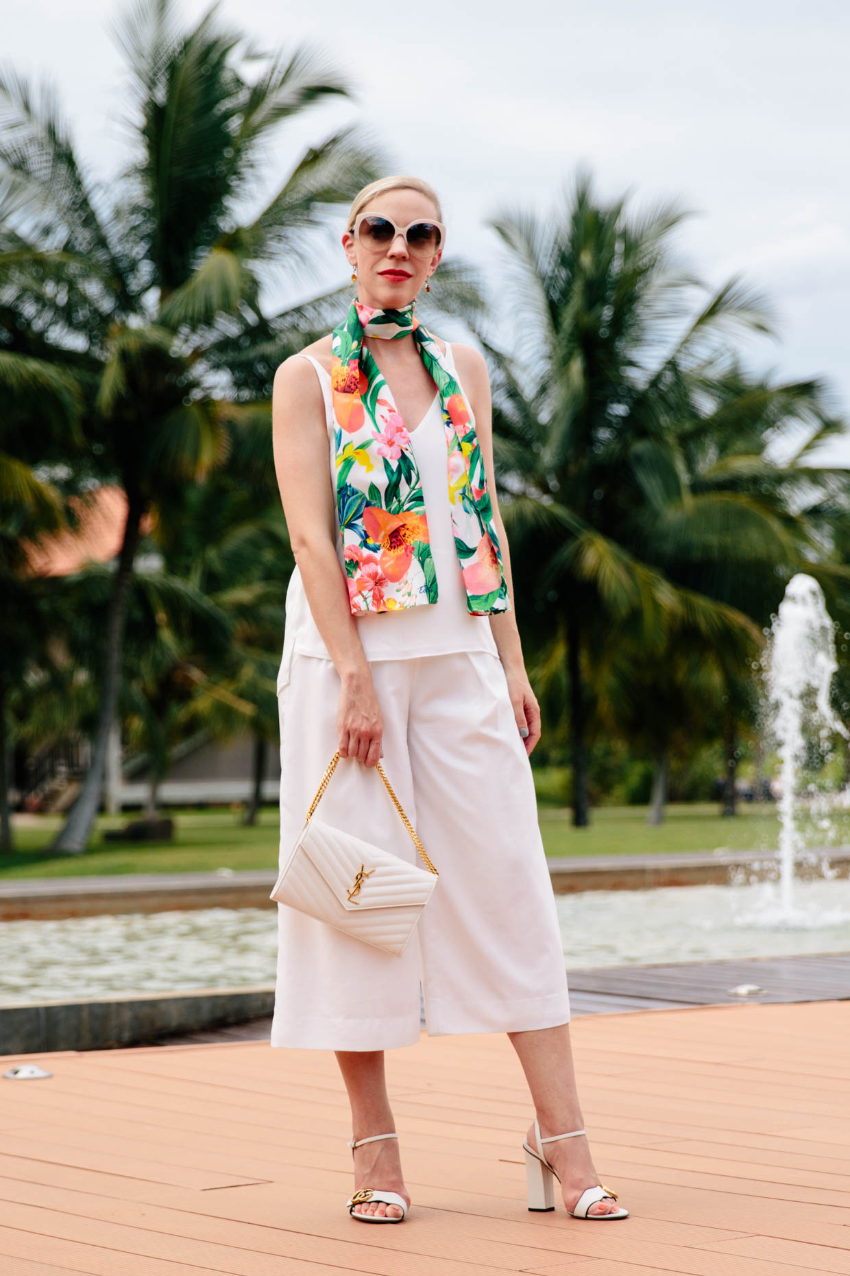 Paradise Pop: All White Outfit with Tropical Print Scarf - Meagan's Moda