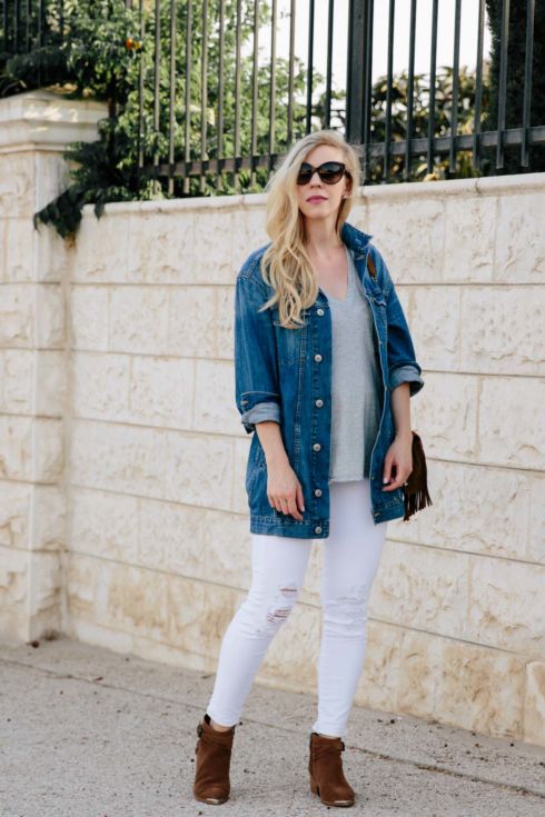 Western Flair: Oversized Denim Jacket with White Jeans & Suede Details ...