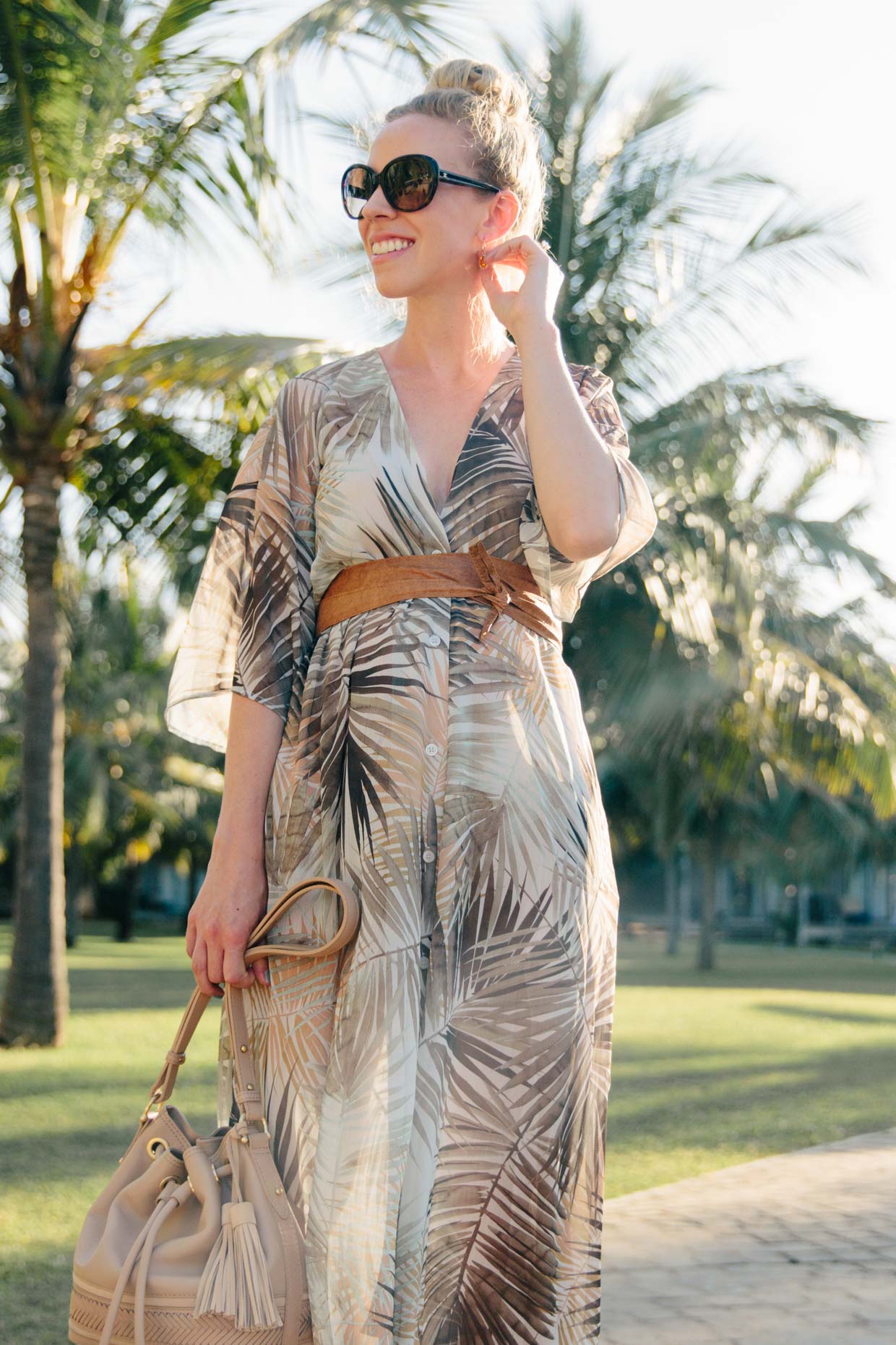 Meagan Brandon fashion blogger wears palm print kaftan dress for tropical babymoon in Sri Lanka kaftan maternity dress Meagan s Moda