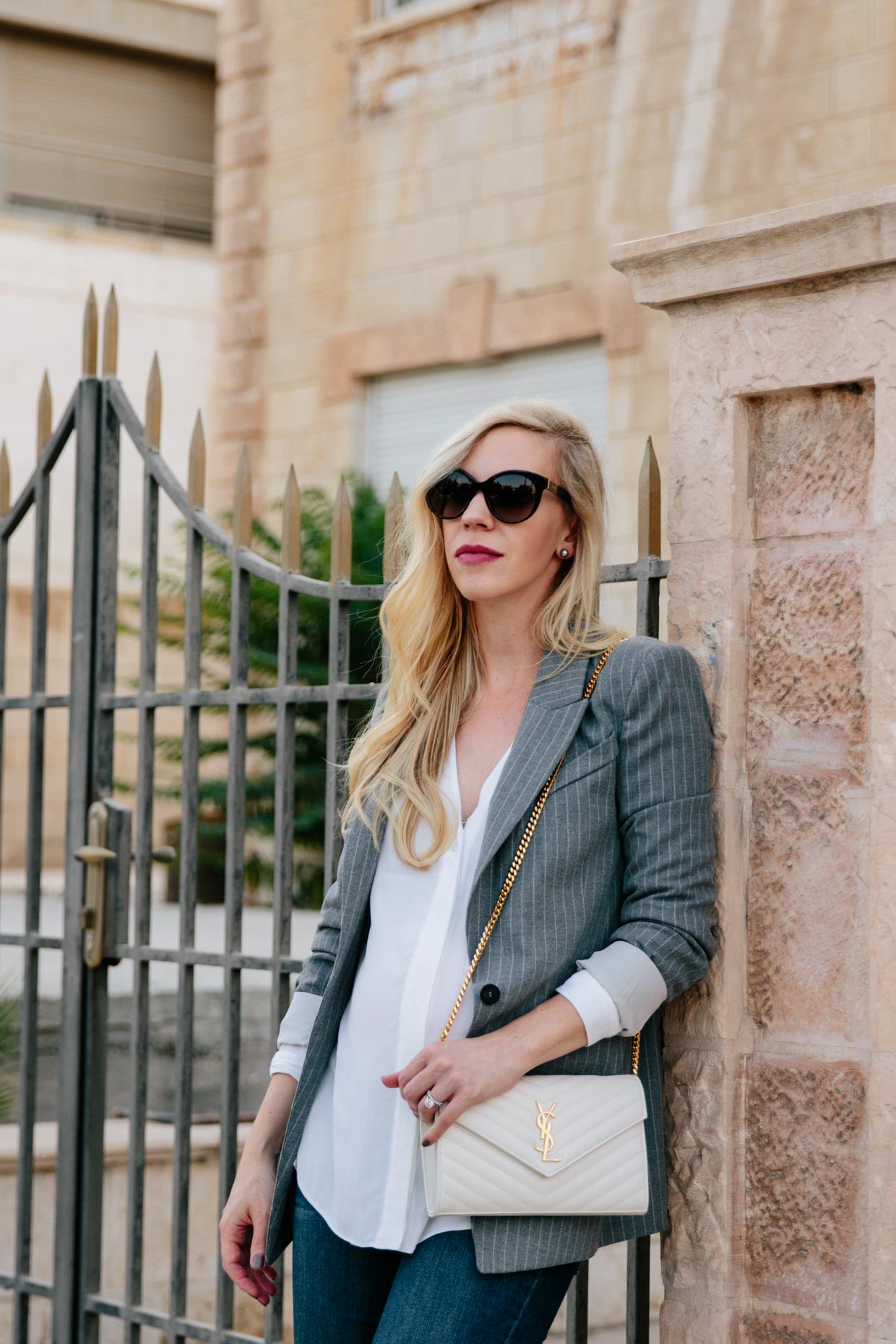 H&M gray pinstripe blazer with white Saint Laurent monogram chain wallet -  Meagan's Moda