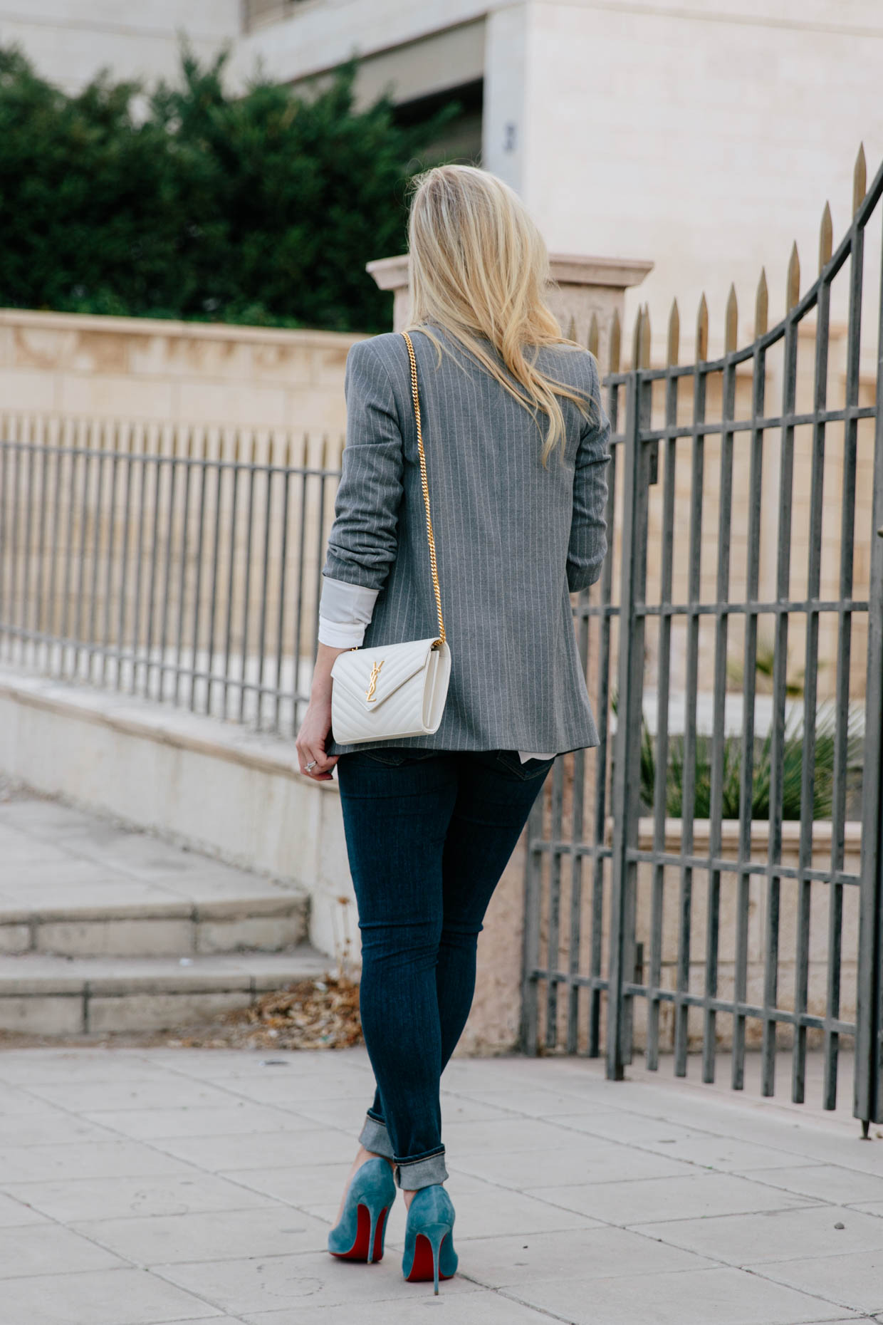 H&M gray pinstripe blazer with white Saint Laurent monogram chain wallet -  Meagan's Moda