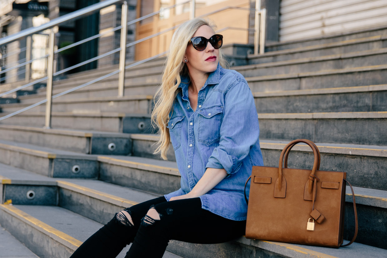 Western Meets Edgy: Oversized Denim Shirt with Black Jeans & Suede