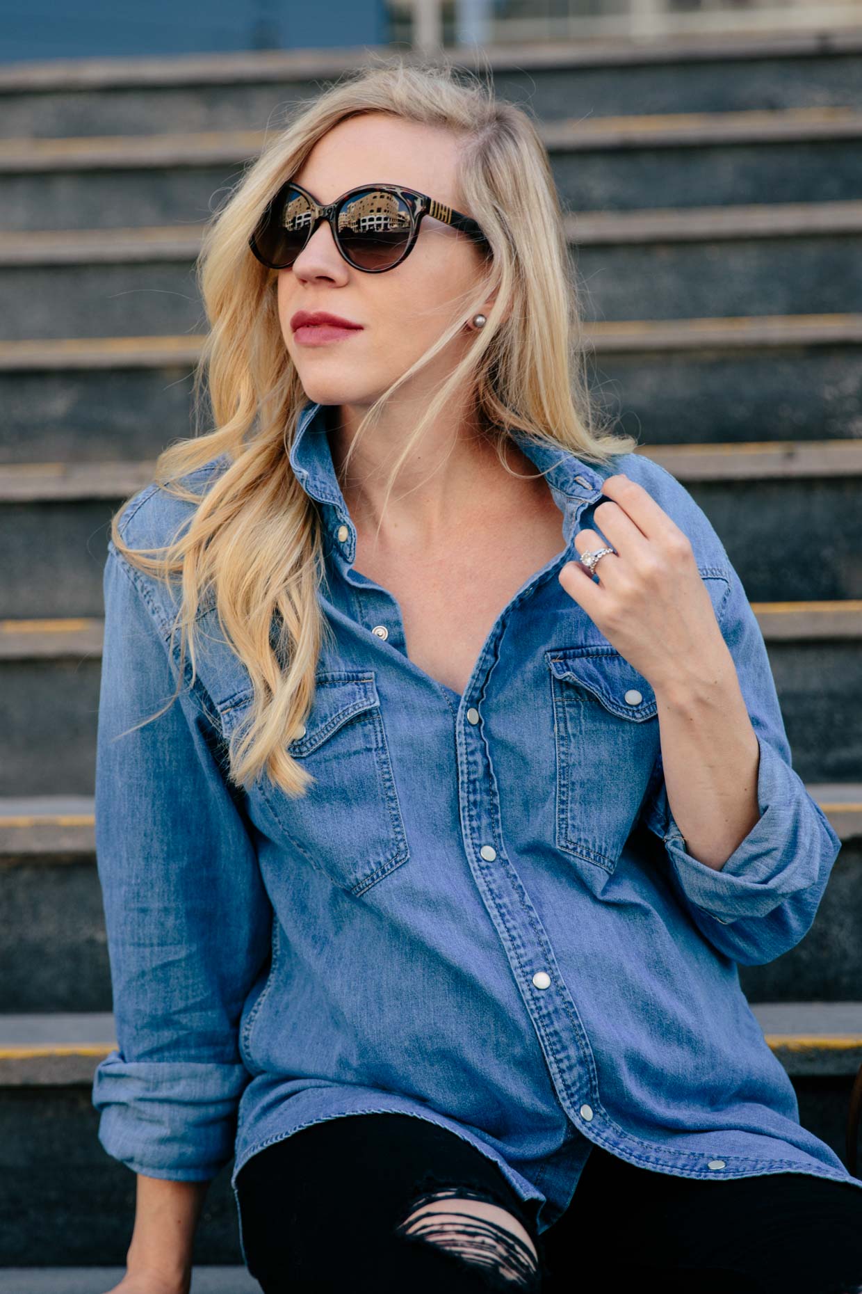 Western Meets Edgy Oversized Denim Shirt with Black Jeans Suede Boots Meagan s Moda