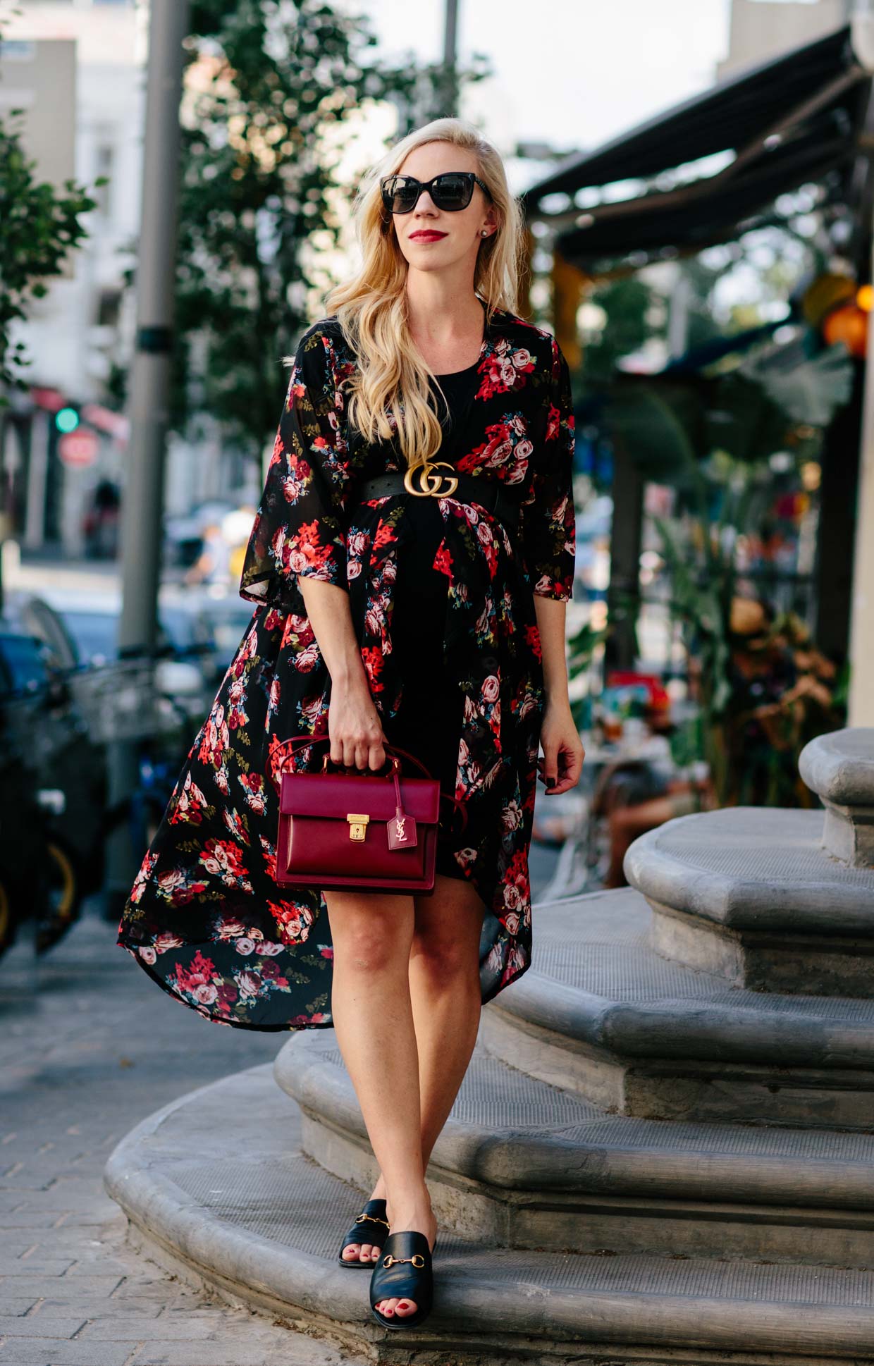 Gucci Marmont belt outfit with floral print ruffle dress - Meagan's Moda