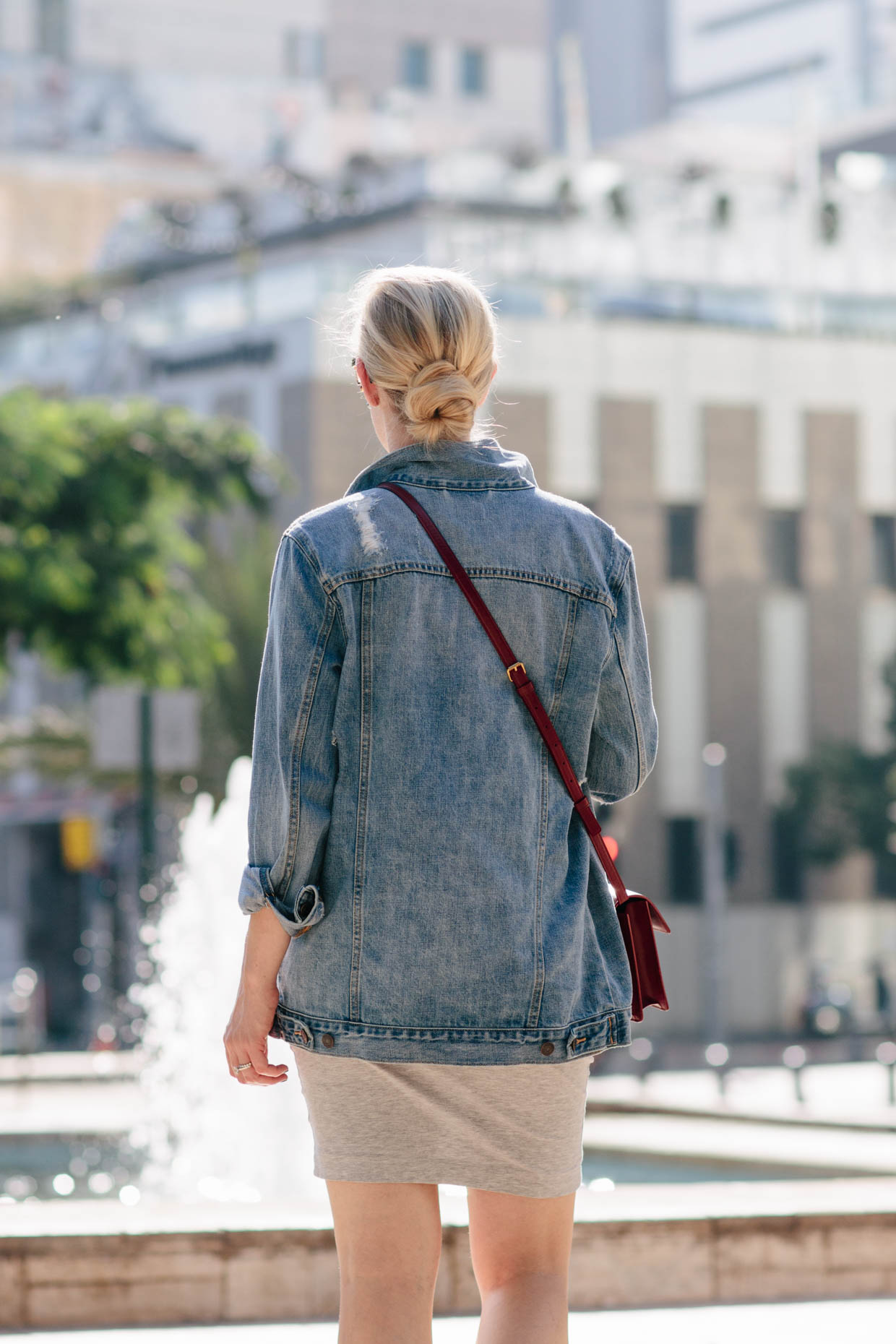 Oversized denim jacket with hot sale dress