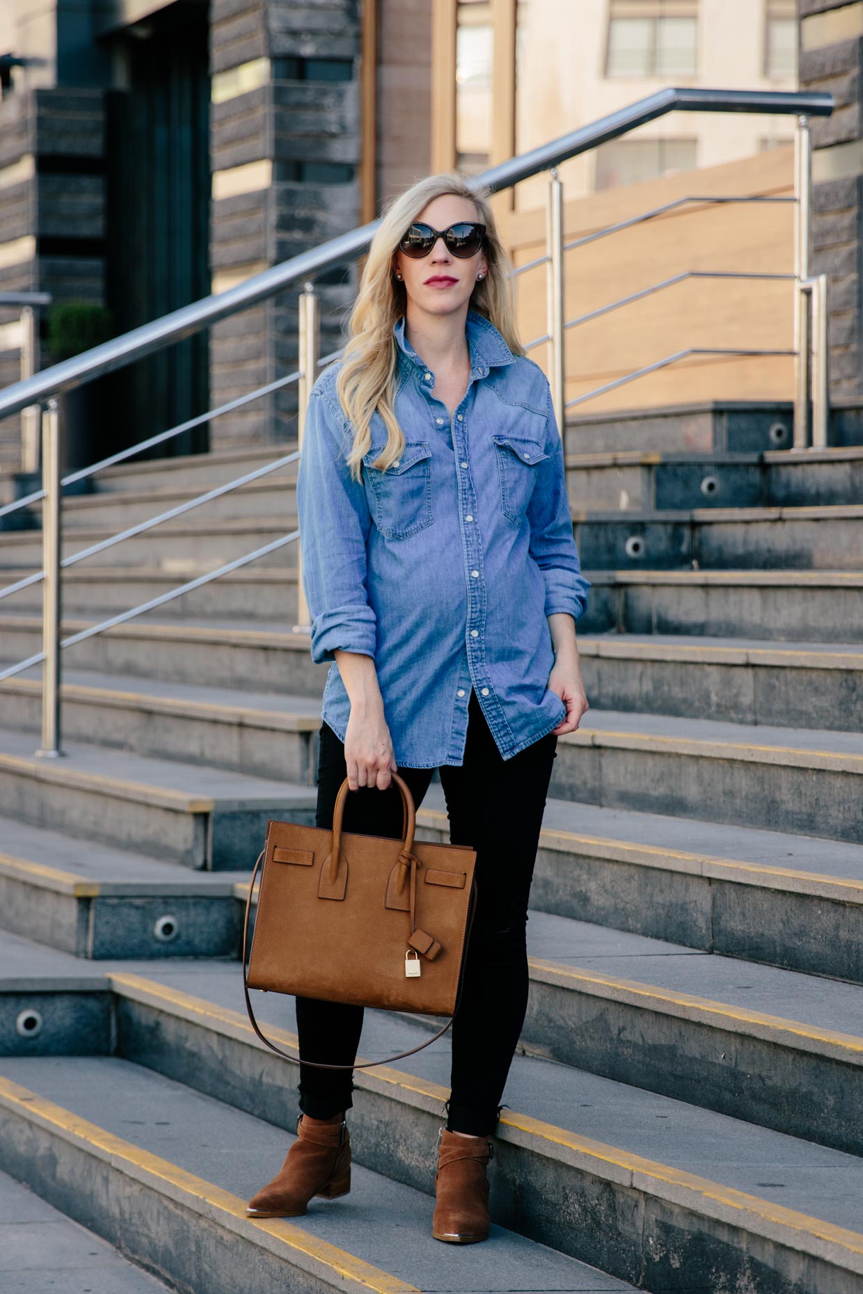 Western Meets Edgy: Oversized Denim Shirt with Black Jeans & Suede