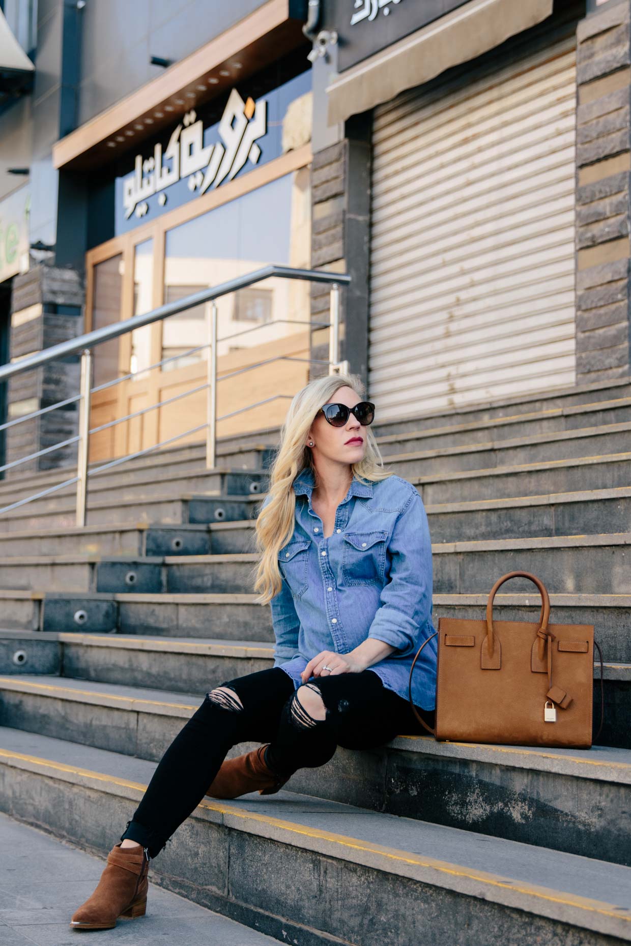 Western Meets Edgy: Oversized Denim Shirt with Black Jeans & Suede