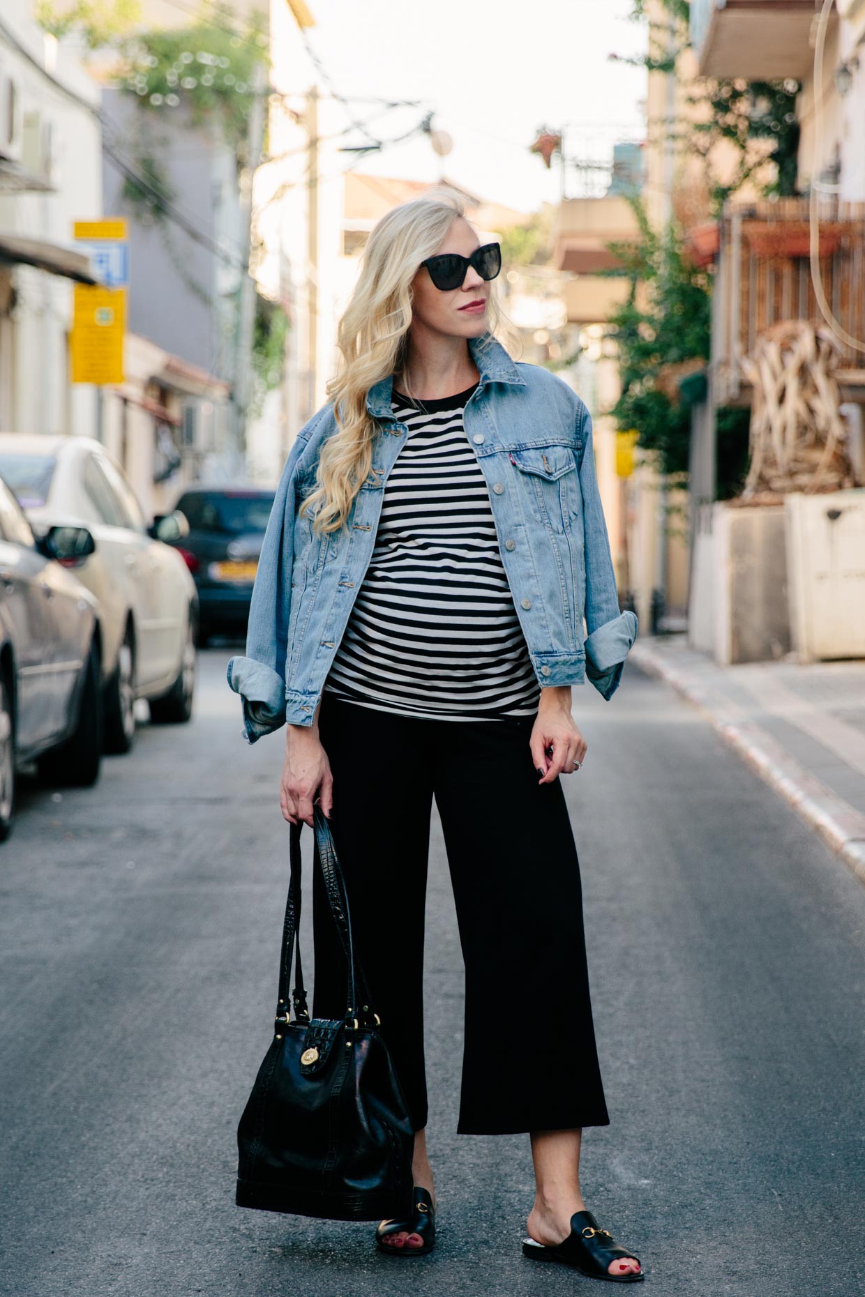 Comfy & Stylish Maternity Outfit: Denim Jacket, Striped Tee