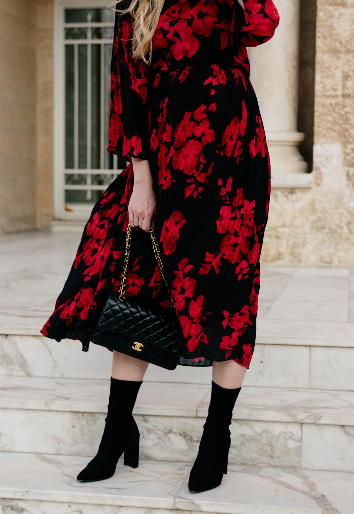 black and red floral midi dress