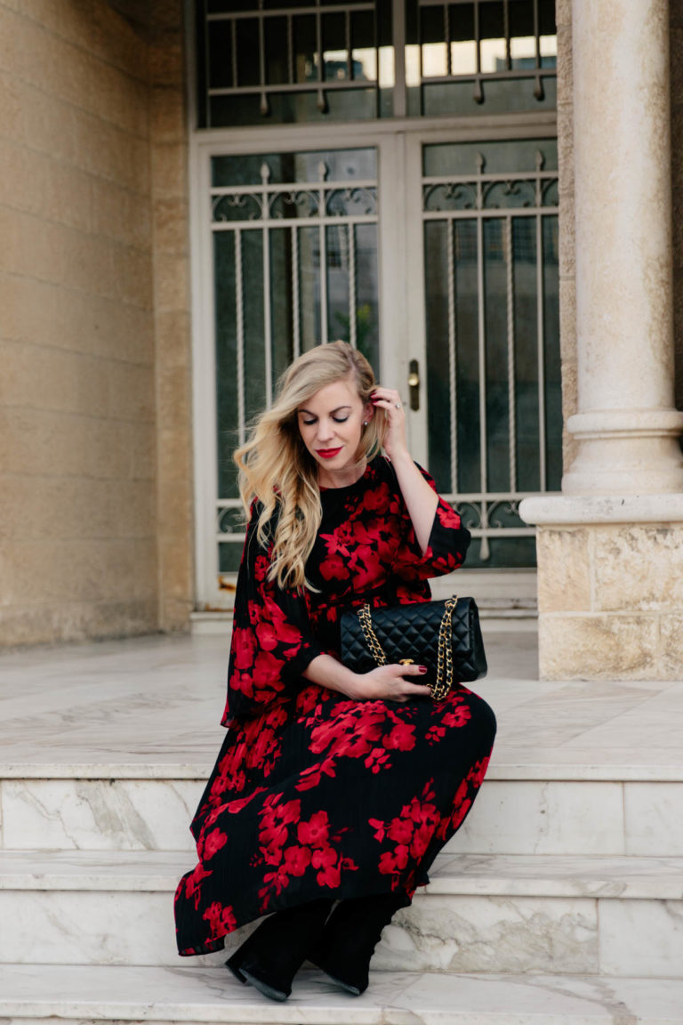 Dark Romance: Floral Midi Dress with Sock Boots - Meagan's Moda