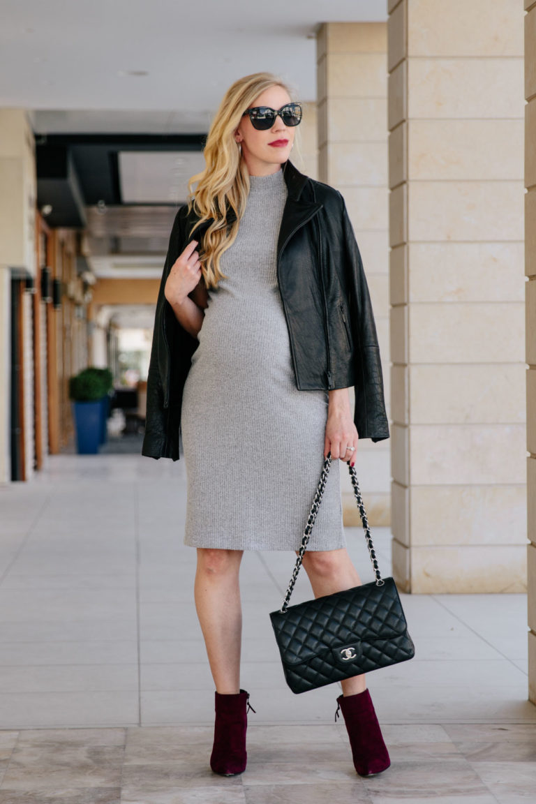 Edgy Maternity Outfit: Leather Jacket, Sweater Dress & Burgundy Boots ...