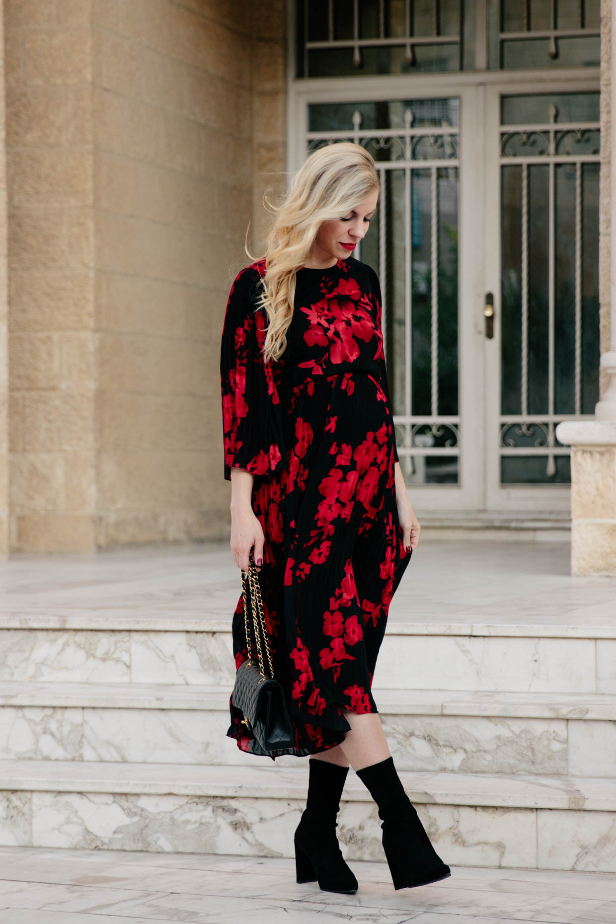 black and red floral midi dress