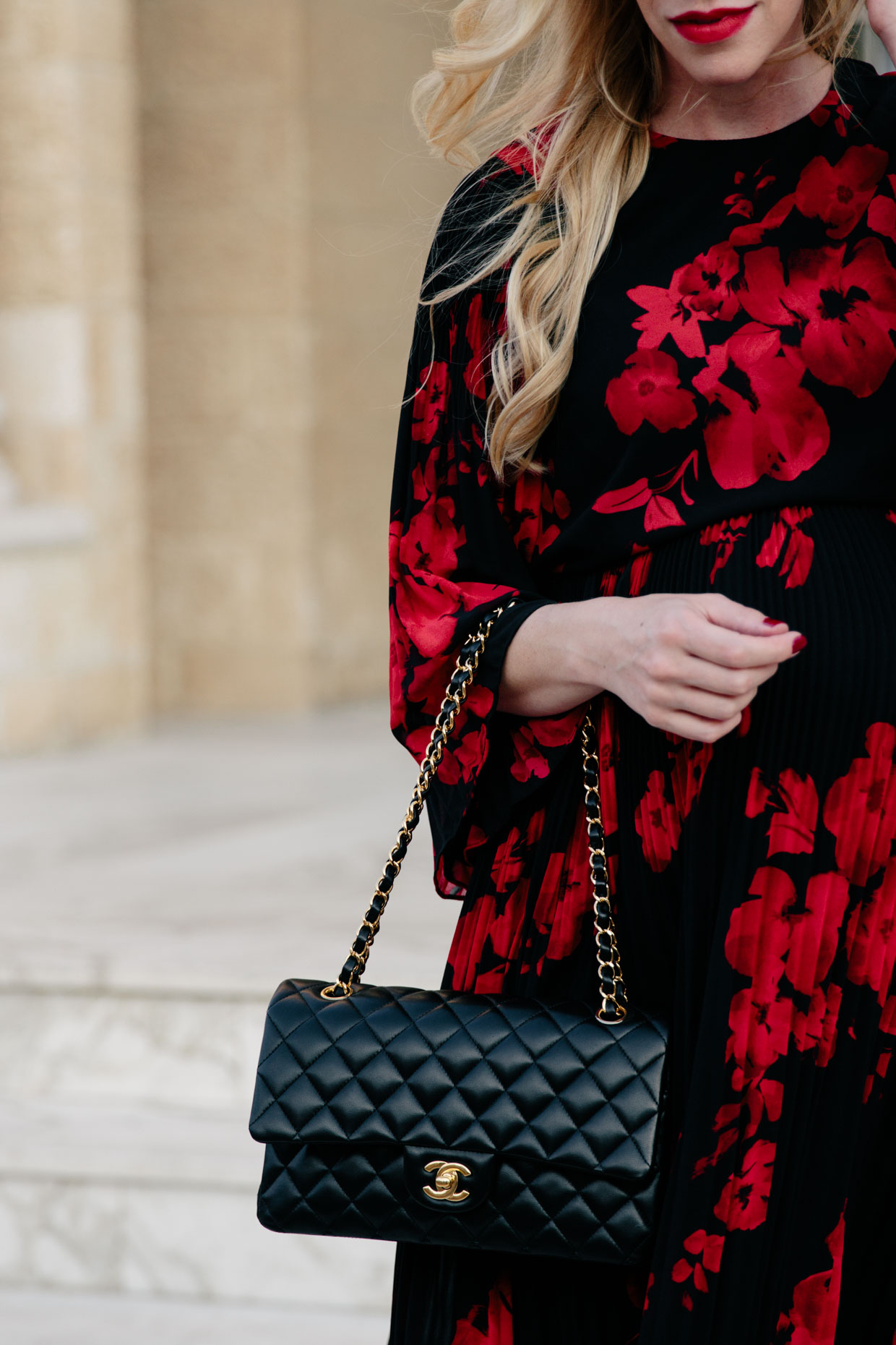 black and red floral midi dress