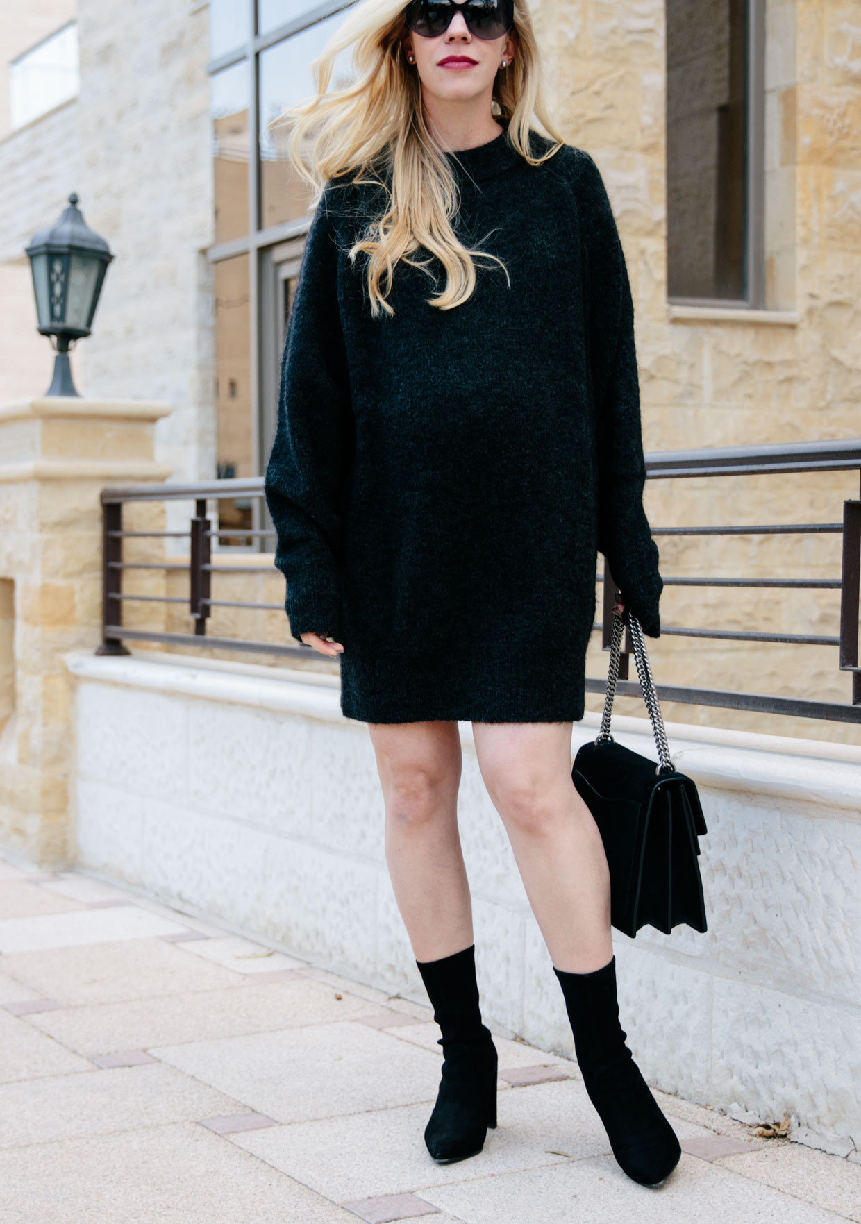 black dress with sock boots