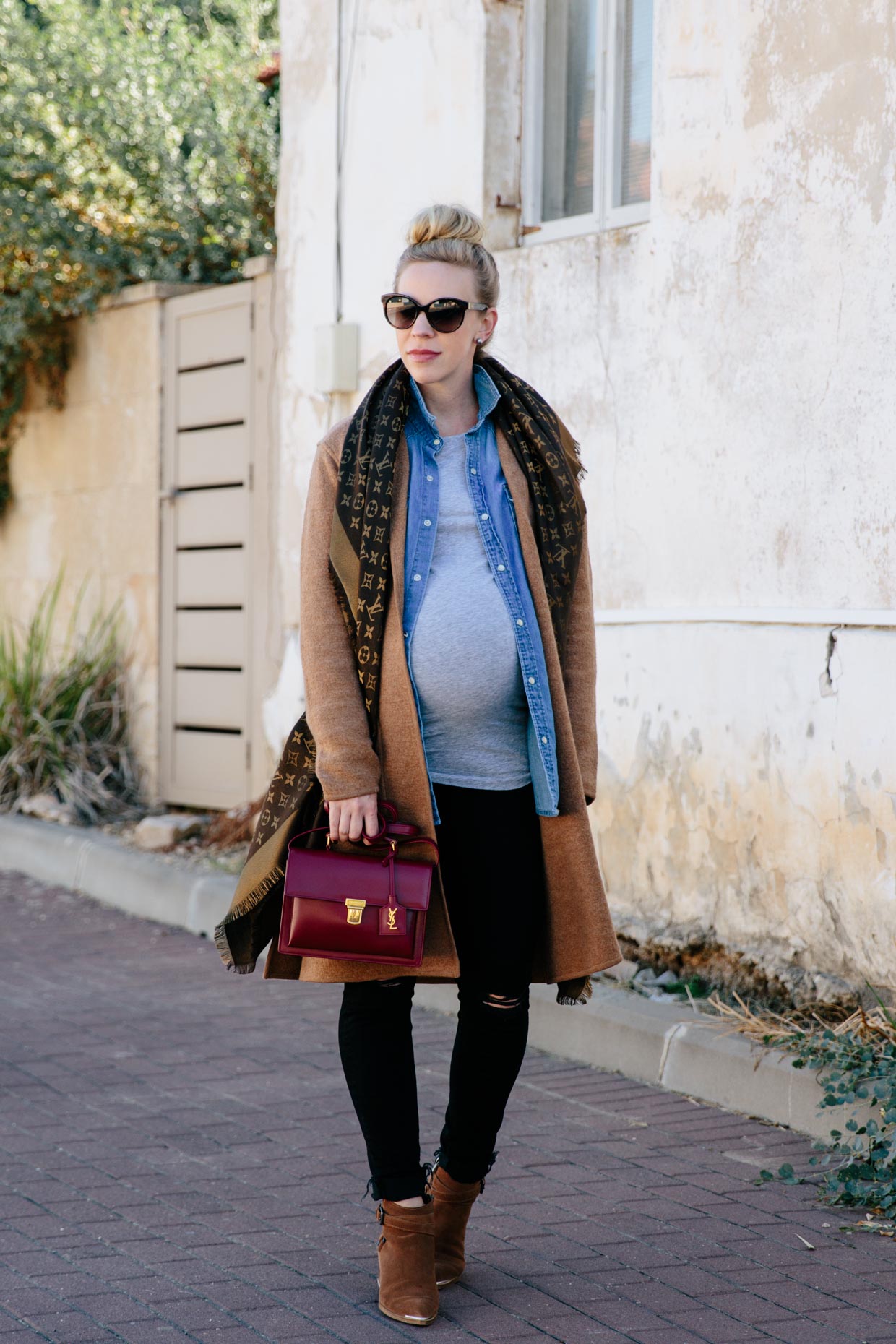 Meagan Brandon fashion blogger of Meagan's Moda wears Madewell camel  sweater coat with brown shiny Louis Vuitton monogram scarf for chic fall  maternity outfit 35 weeks pregnant - Meagan's Moda