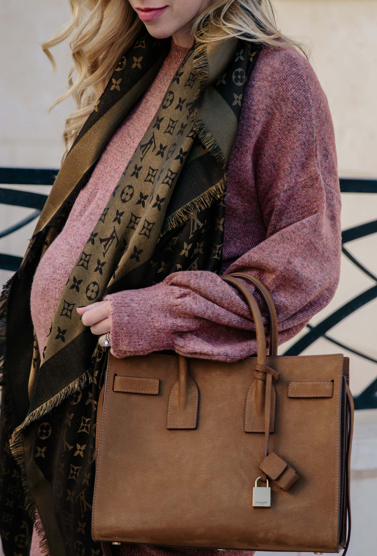 Meagan Brandon fashion blogger of Meagan's Moda wears Louis Vuitton brown monogram  shine shawl scarf with plaid blazer for chic fall outfit - Meagan's Moda