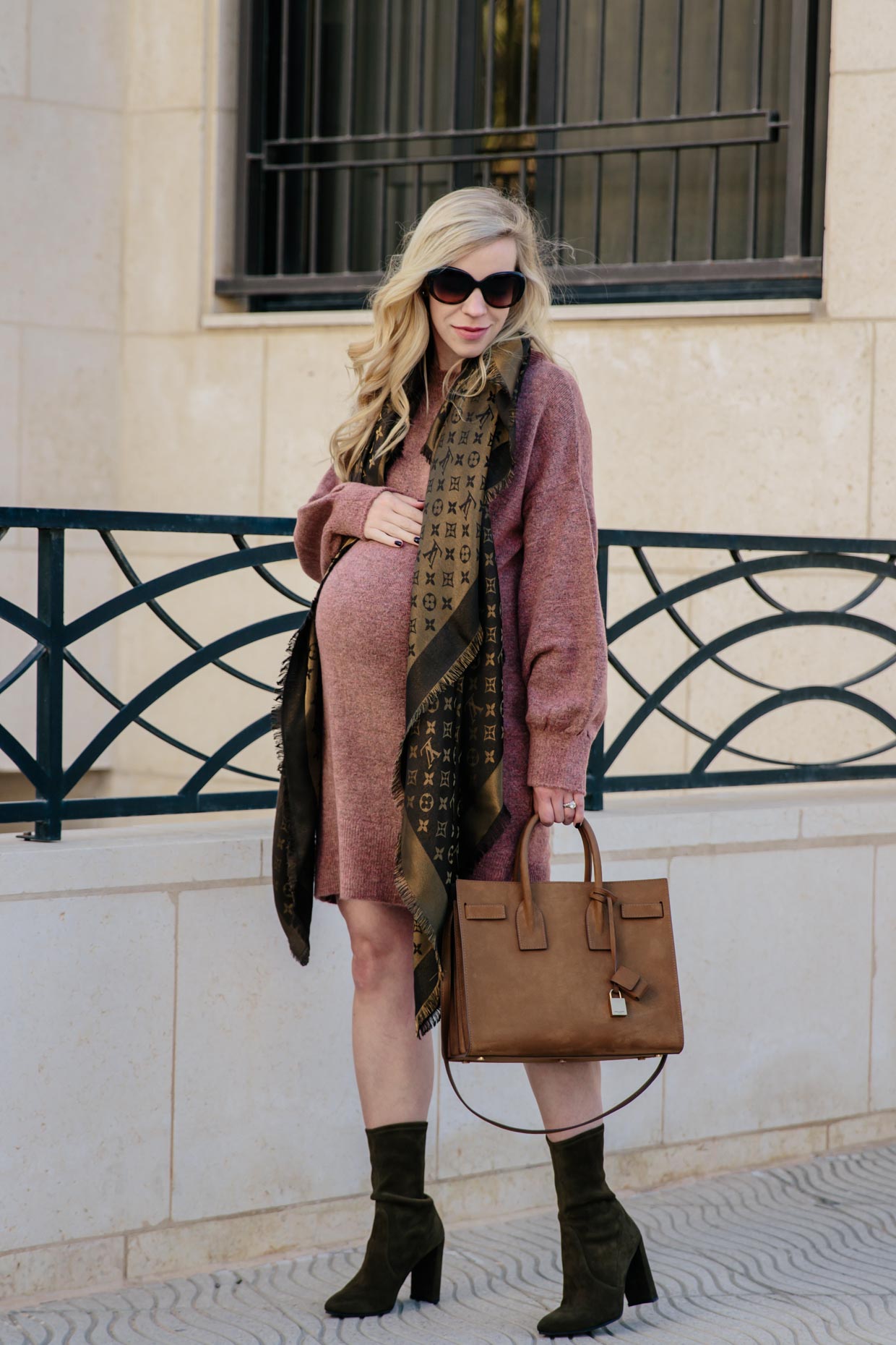 Meagan Brandon fashion blogger of Meagan's Moda shares casual outfit idea  for new mom with long cardigan, Louis Vuitton scarf and suede booties,  Brahmin Annika tote - Meagan's Moda