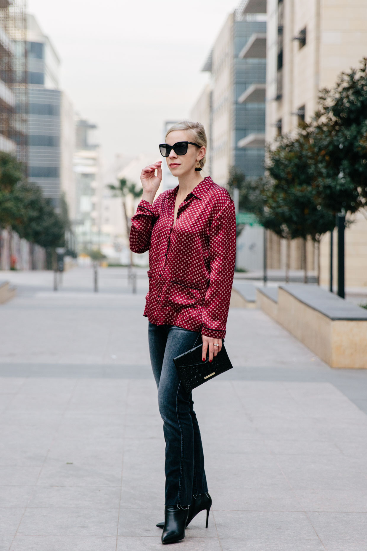 Casual New Year's Outfit: Silk Blouse, Straight Leg Jeans & Sock Boots