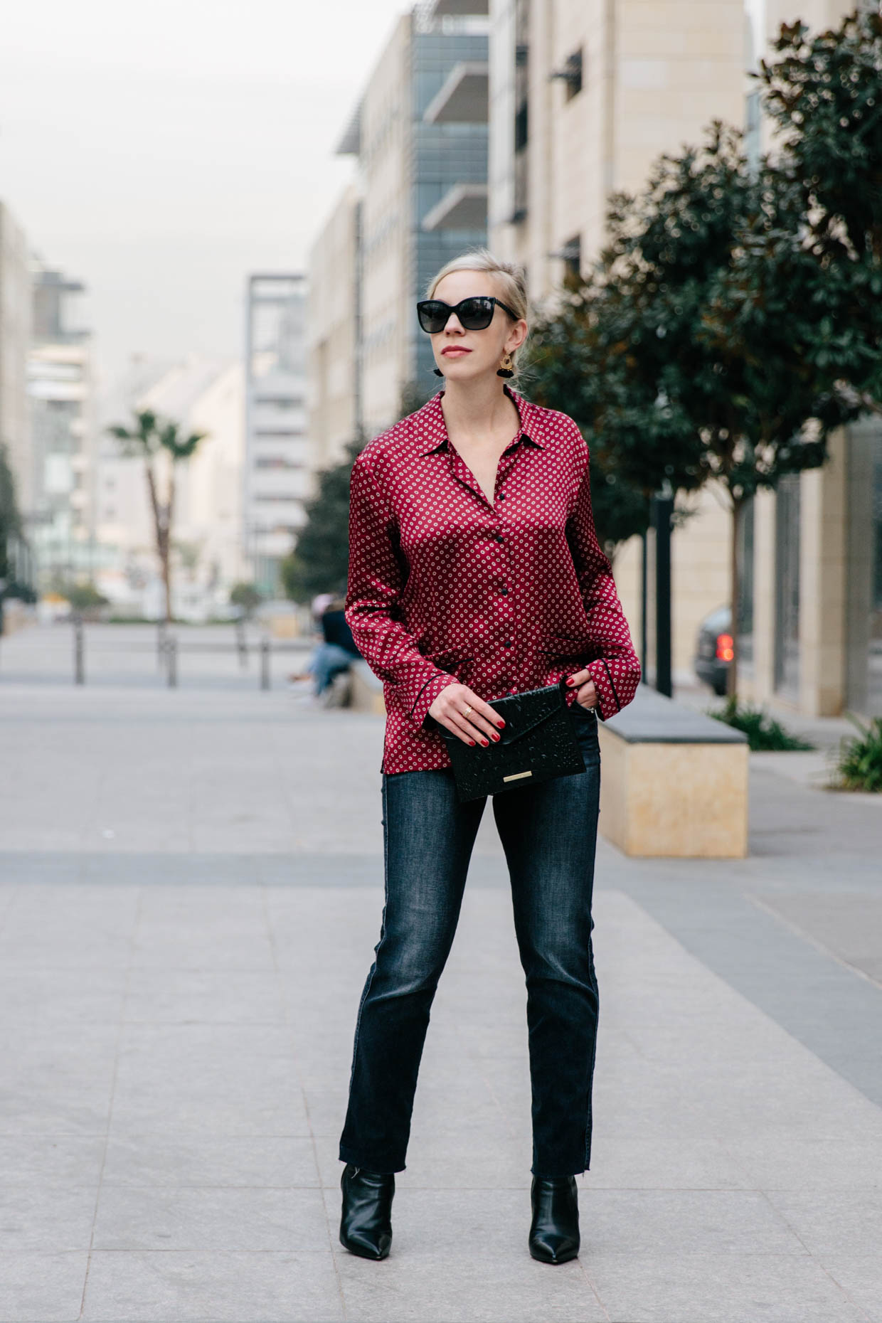 Casual New Year's Outfit: Silk Blouse, Straight Leg Jeans & Sock Boots -  Meagan's Moda