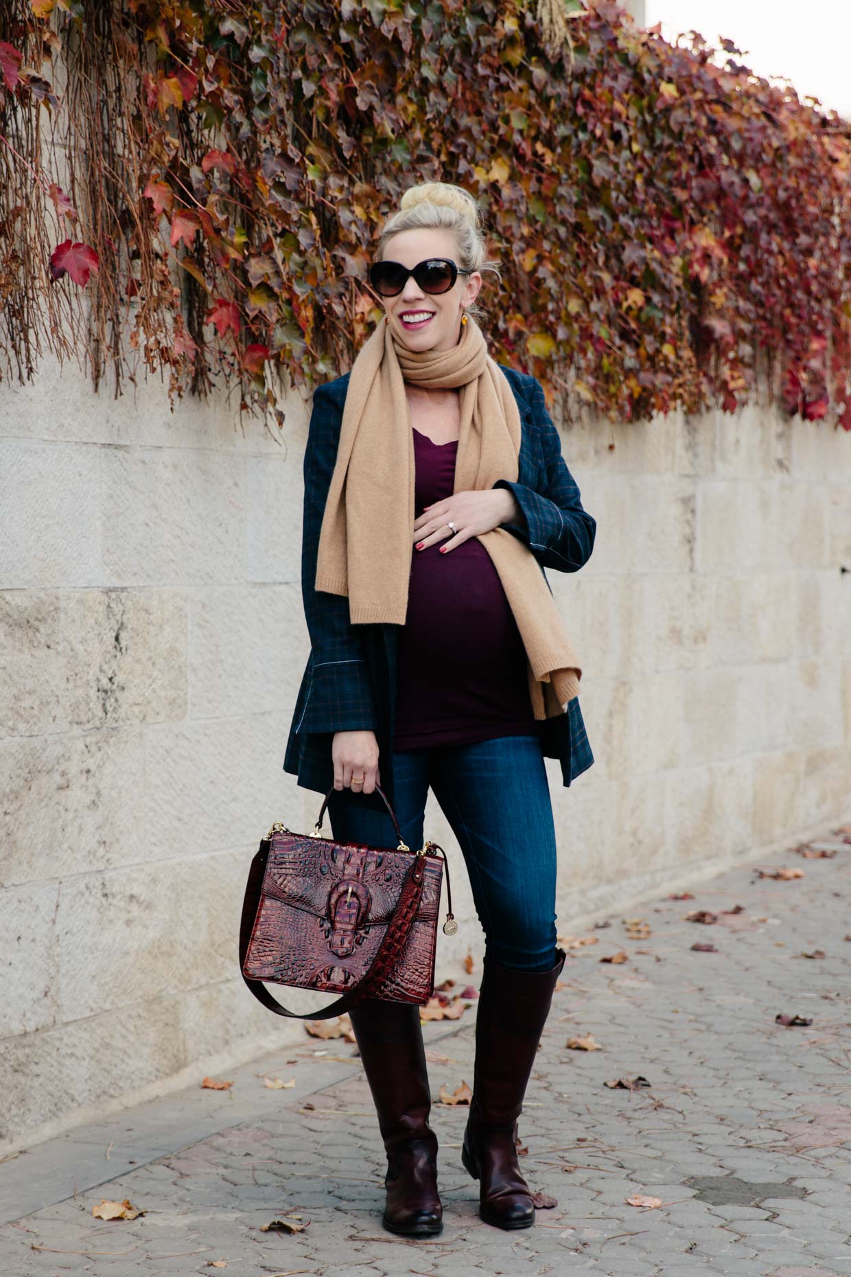 Frye Reina camel leather western booties, Louis Vuitton vintage Passy bag,  SheIn burgundy plaid scarf, plaid scarf with distressed denim and booties  fall outfit - Meagan's Moda