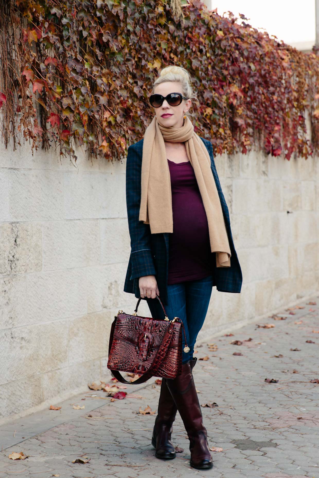 Meagan Brandon fashion blogger of Meagan's Moda wears Louis Vuitton brown  shine shawl monogram scarf with H&M belted plaid blazer and Saint Laurent  suede sac de jour - Meagan's Moda