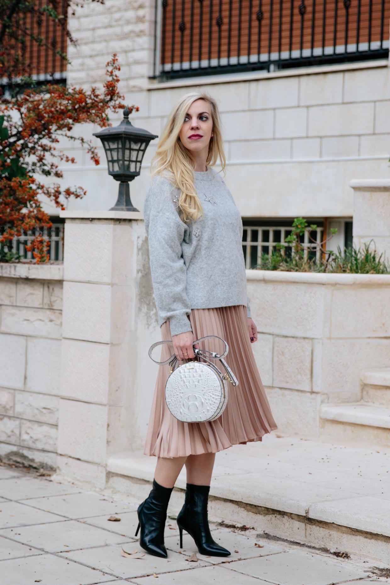 pleated skirt sweater outfit