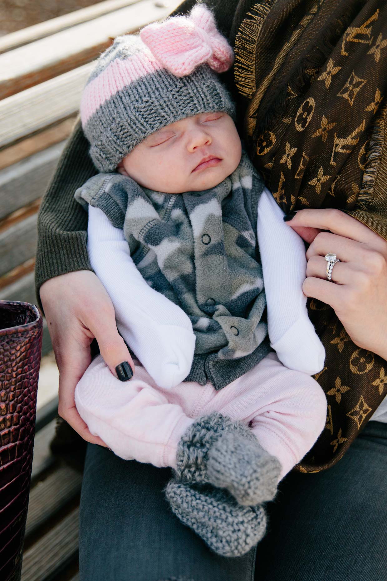 Cute baby girl outfit idea with fleece camo print vest, pink pants and gray  crochet hat - Meagan's Moda