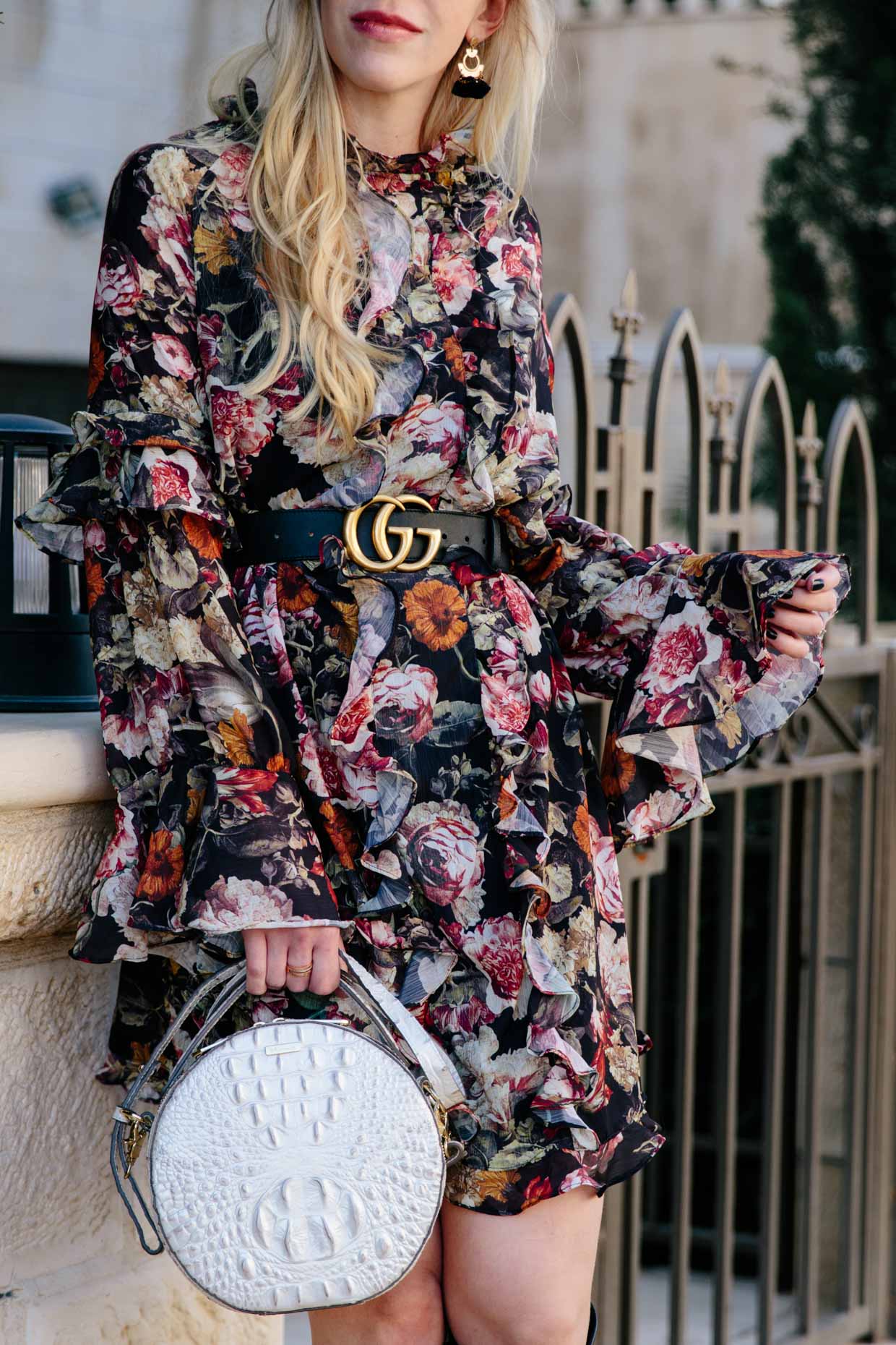 Gucci Marmont belt outfit with floral print ruffle dress - Meagan's Moda