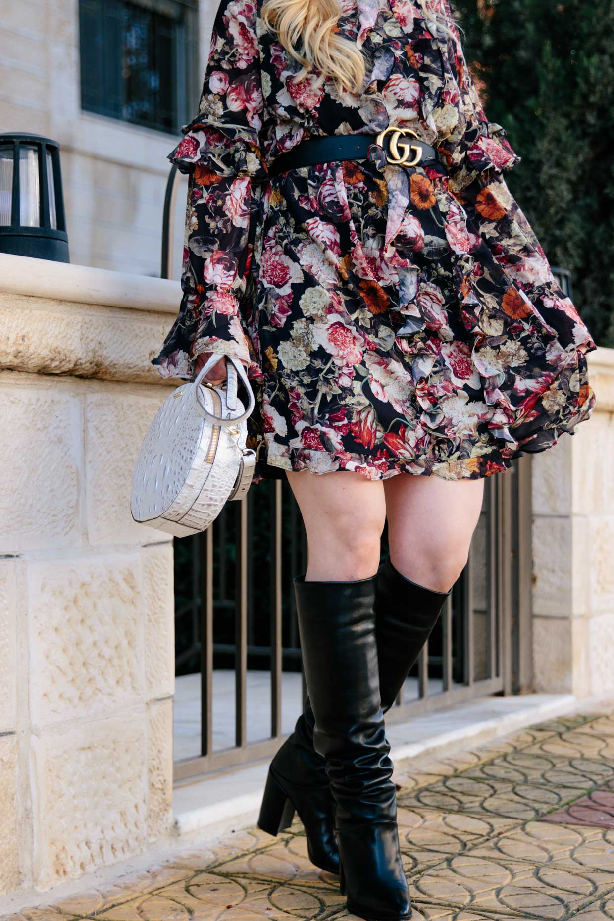 How to wear floral print for spring 2018 floral print dress with slouchy leather knee boots outfit Meagan s Moda