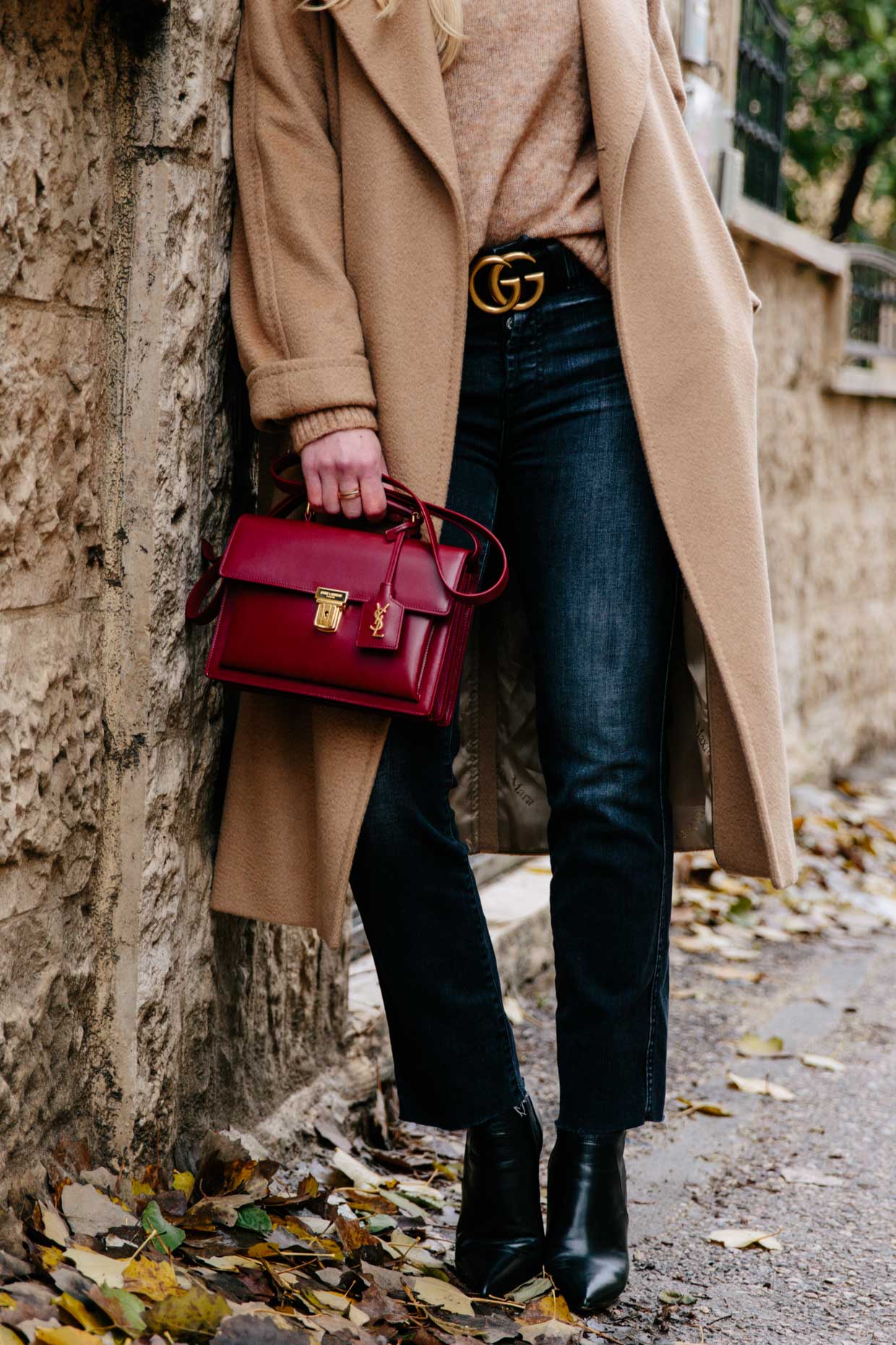 Max Mara Manuela camel coat outfit with Gucci Marmont logo belt