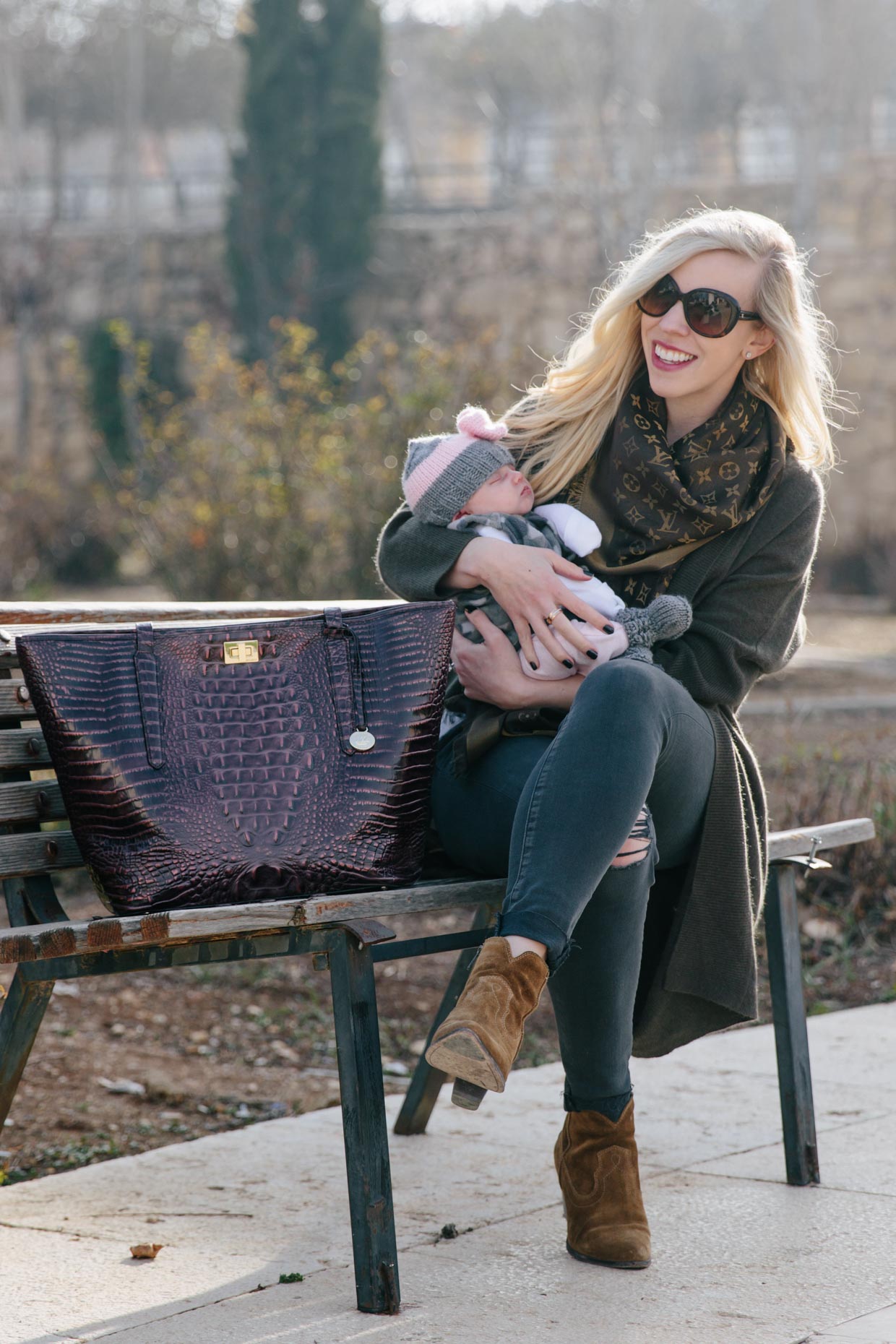 Meagan Brandon fashion blogger of Meagan's Moda wears Louis Vuitton brown  monogram shine shawl scarf with plaid blazer for chic fall outfit -  Meagan's Moda