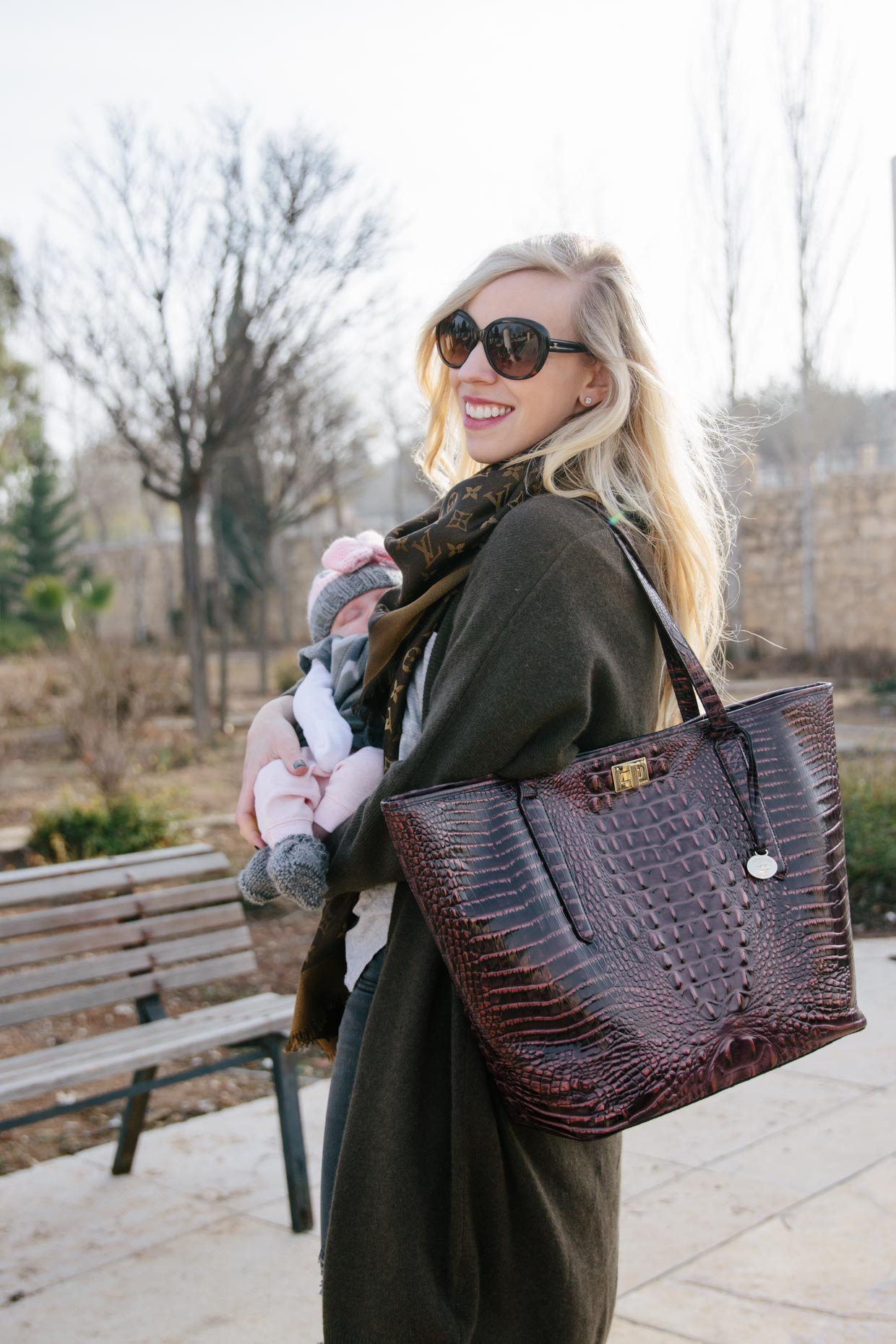 Meagan Brandon fashion blogger of Meagan's Moda shares casual outfit idea  for new mom with long cardigan, Louis Vuitton scarf and suede booties,  Brahmin Annika tote - Meagan's Moda