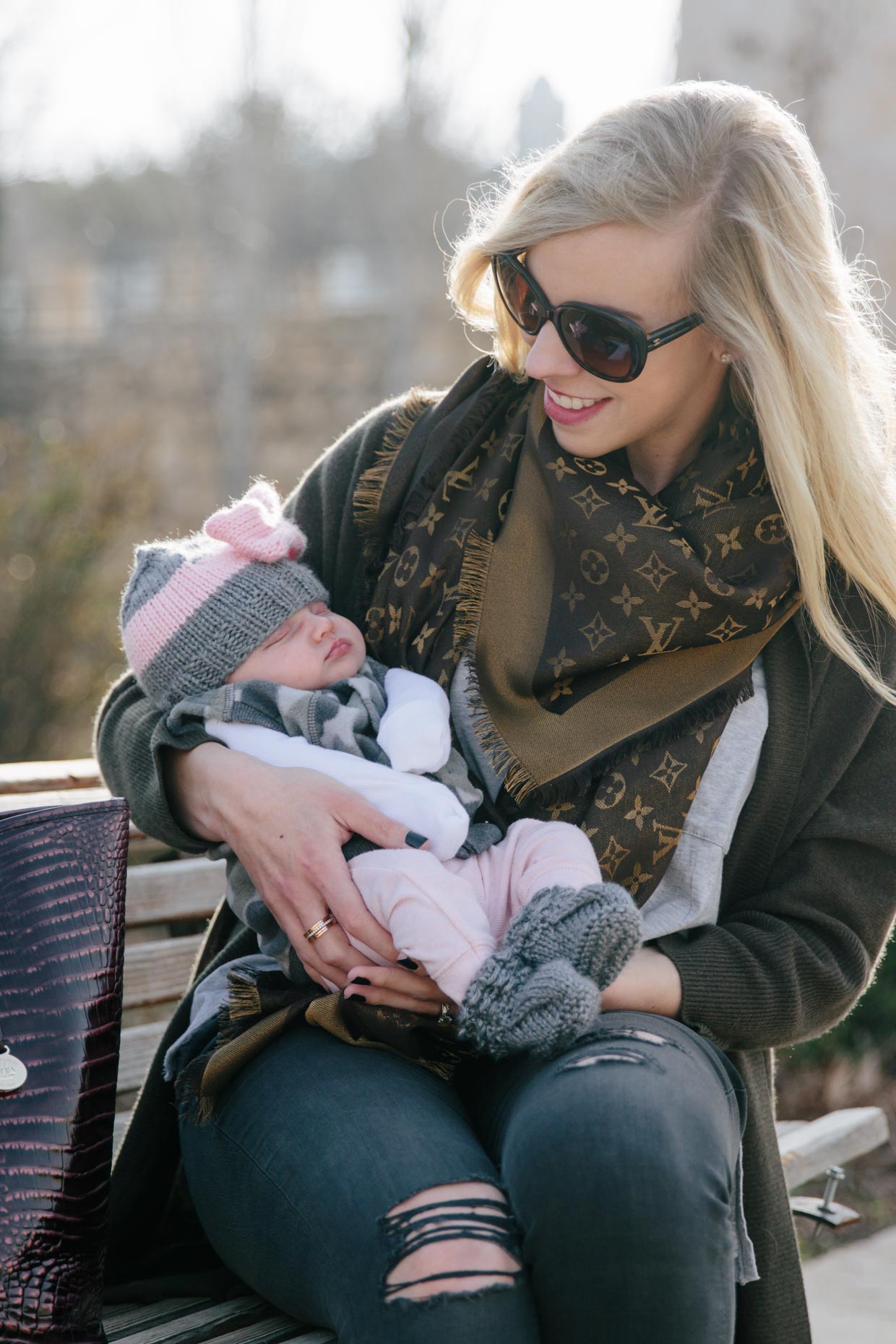 Louis Vuitton charcoal gray shine shawl scarf, pink and gray spring outfit  with khaki trench coat - Meagan's Moda