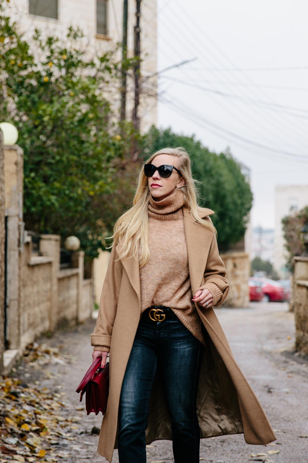 Meagan Brandon fashion blogger of Meagan's Moda wears Madewell camel  sweater coat over denim shirt and Louis Vuitton brown monogram scarf for  layered fall look - Meagan's Moda