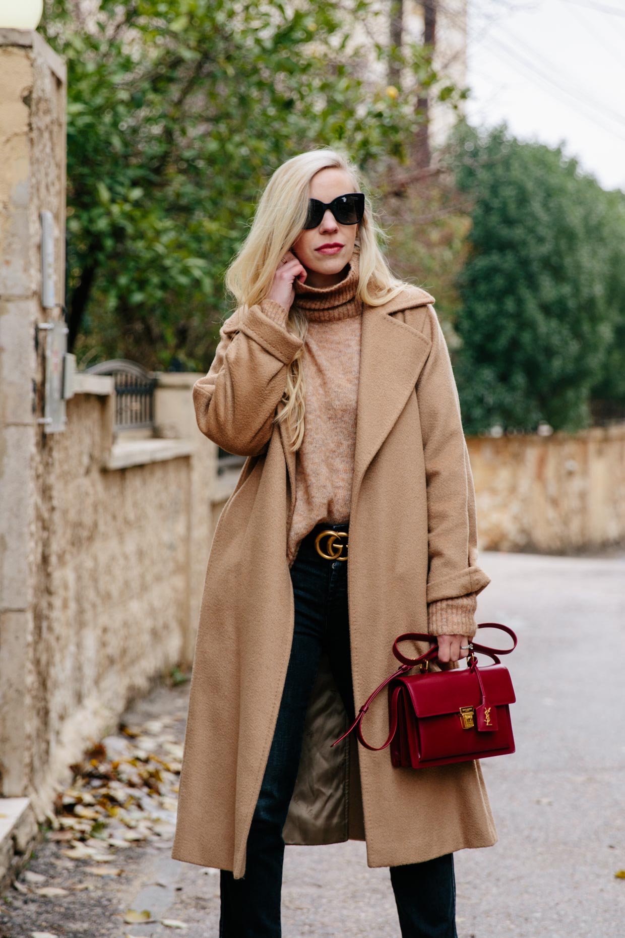 fashion-blogger-wearing-max-mara-manuela-camel-coat-louis-vuitton-monogram-scarf-and-cropped-jeans-stuart-weitzman-hitimes-bordeaux-suede-boots  - Meagan's Moda